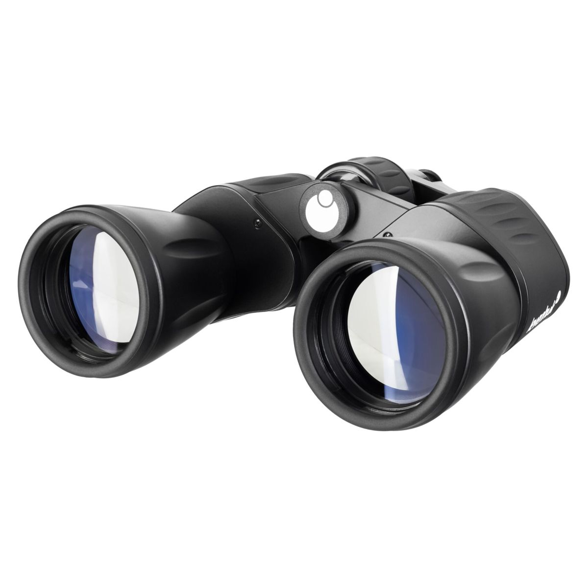 Schwarze Fernglas mit Fokusrad und großen Objektiven, auf weißem Hintergrund.