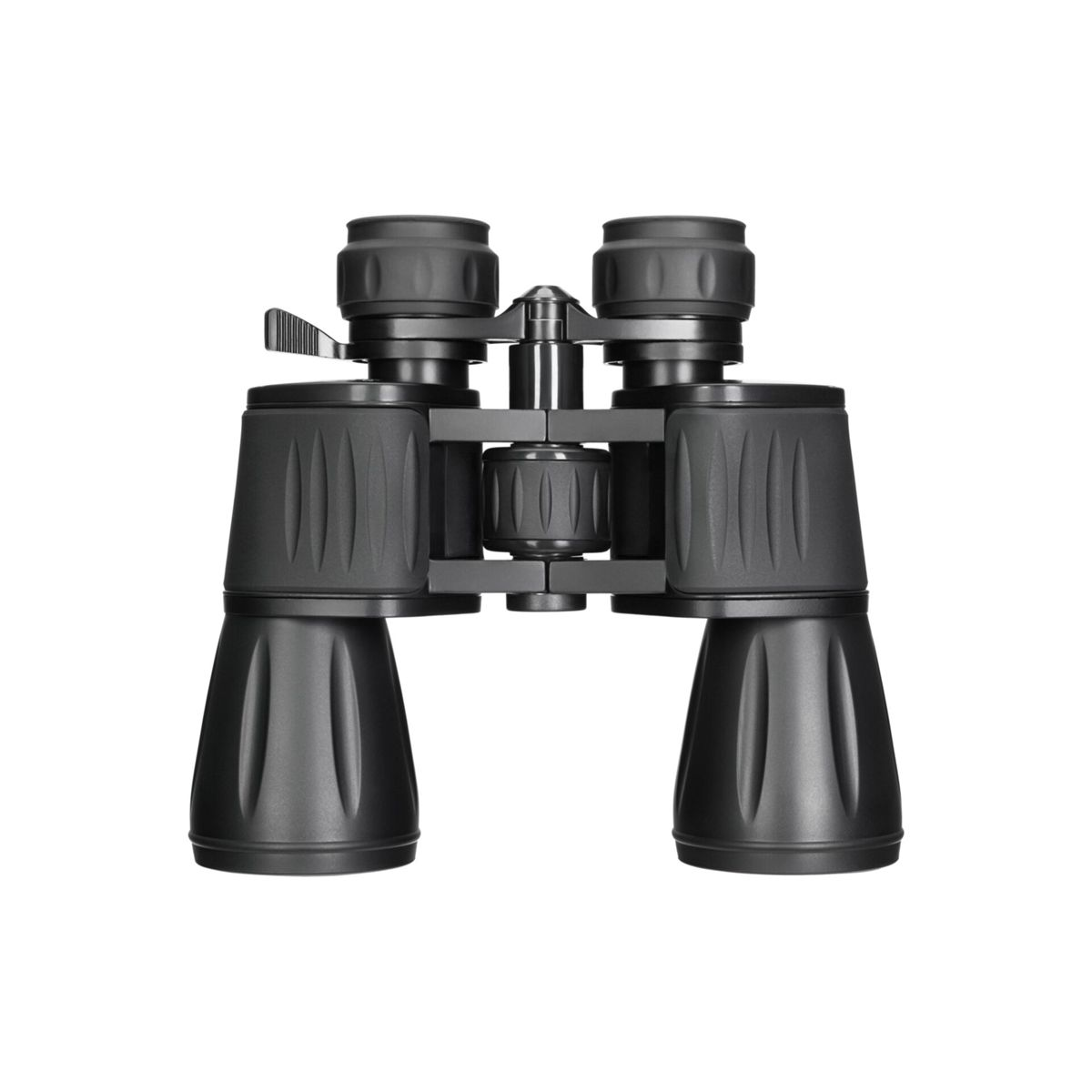 Schwarze Fernglas mit Fokusrad in der Mitte auf weißem Hintergrund.