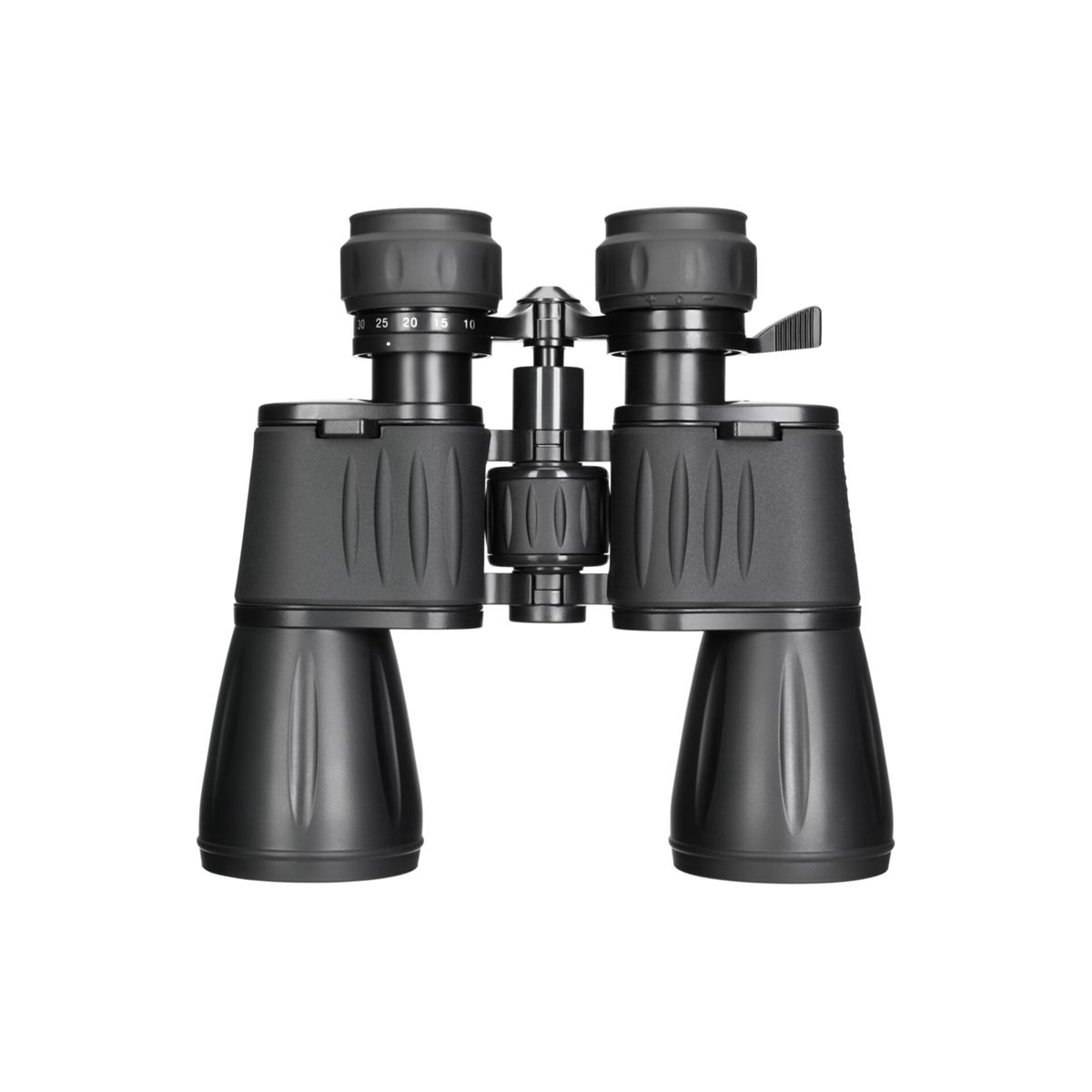 Schwarze Fernglas mit Fokusrad und Zahlenmarkierungen.