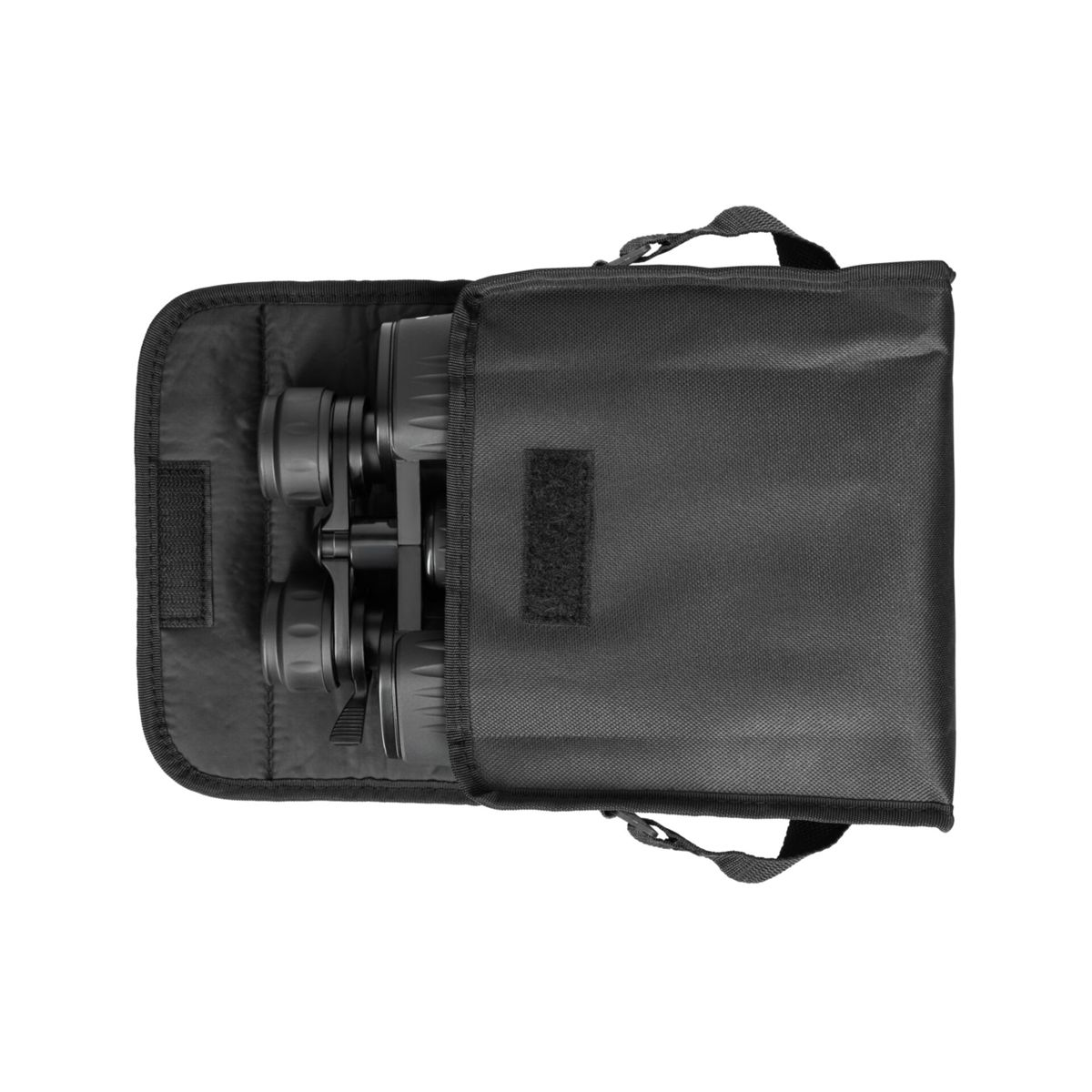 Schwarze Fernglas in einer schwarzen Tasche mit Griffen.