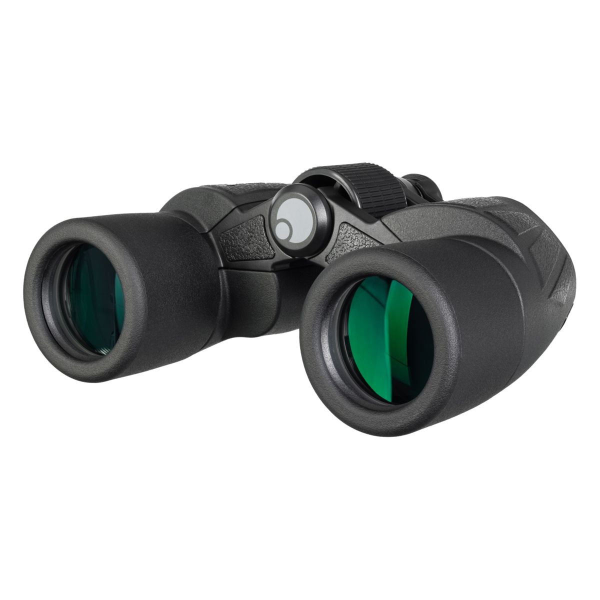 Schwarze Fernglas mit grünen Linsen, auf weißem Hintergrund.