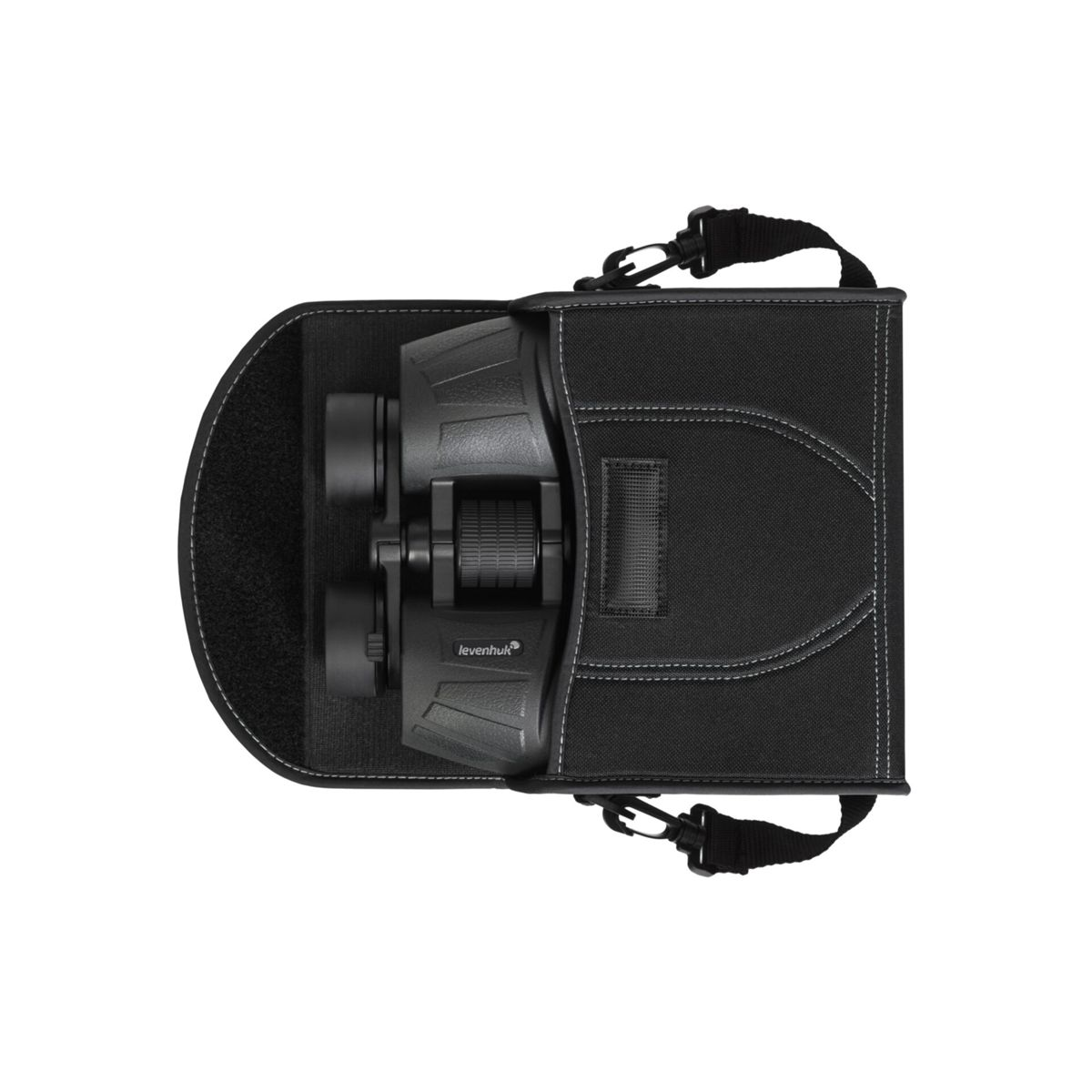 Schwarze Fernglas in einer schwarzen Tasche mit Lanyard.