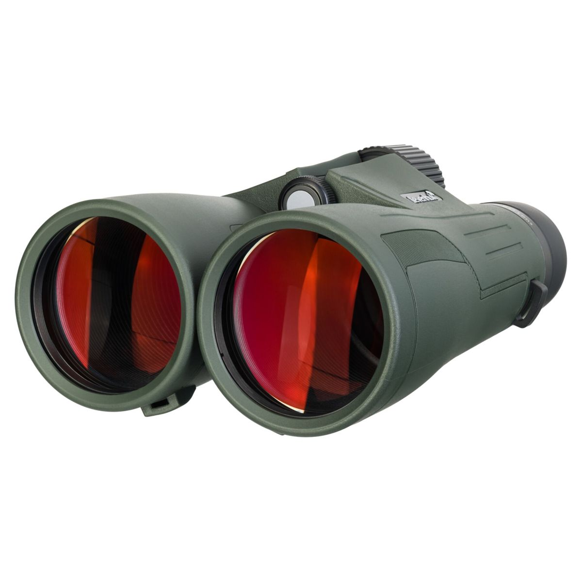 Binocolo verde con lenti rosse su sfondo bianco.