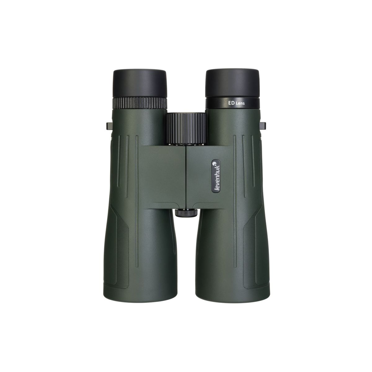 Binocolo verde con copriobiettivi neri e rotella di messa a fuoco.