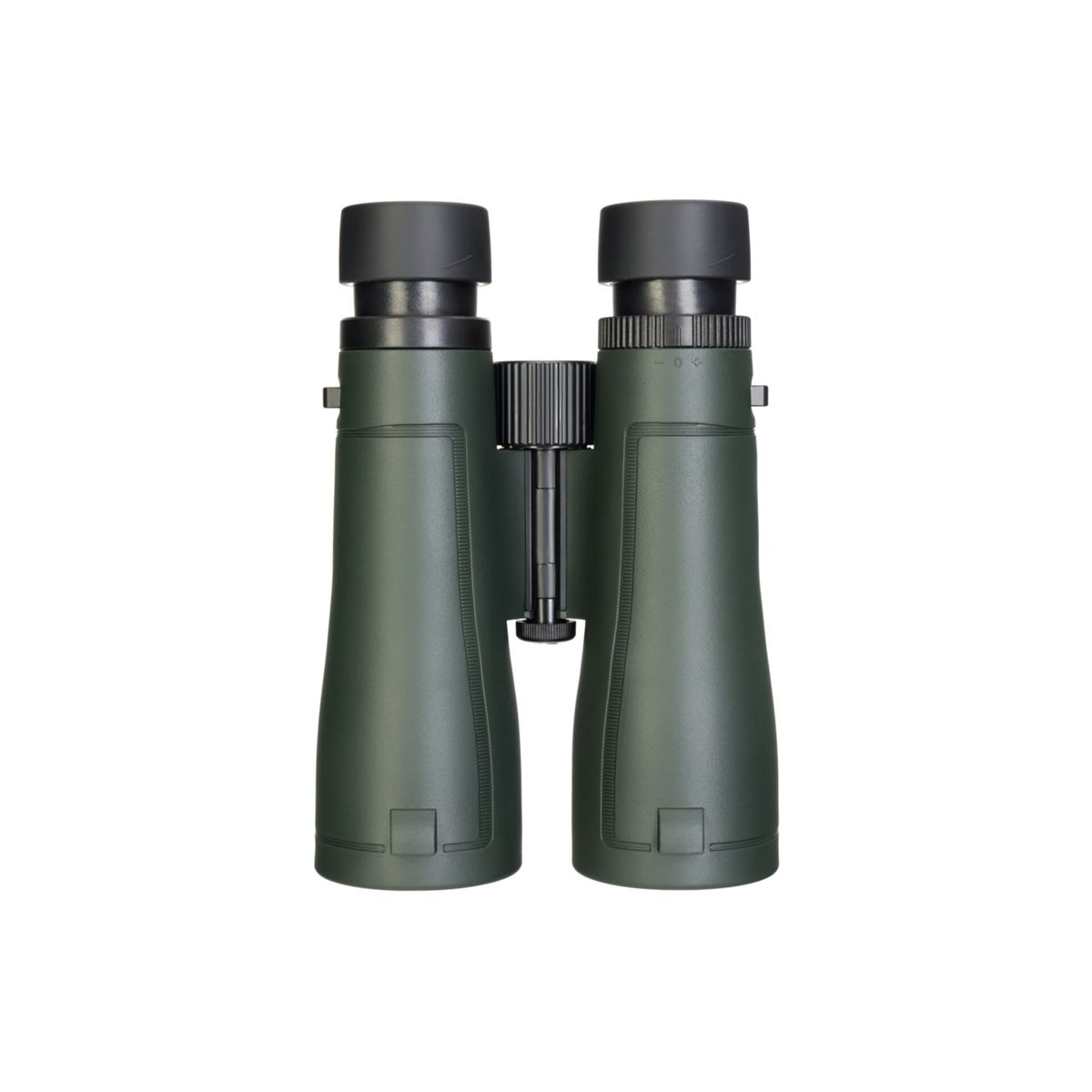 Binocolo verde scuro con tappi neri e rotella di messa a fuoco.