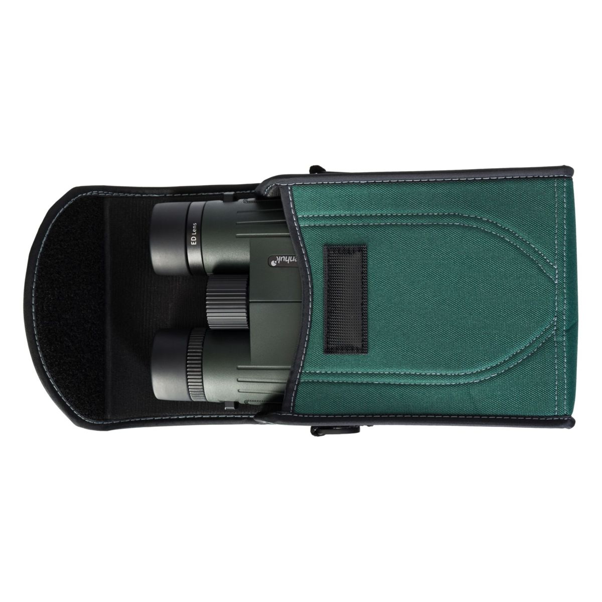 Custodia verde per binocolo con binocolo verde all'interno.