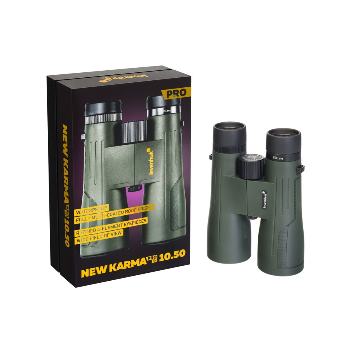 Un paio di binocoli verdi e la sua scatola con etichetta 'New Karma Pro 10.50'.