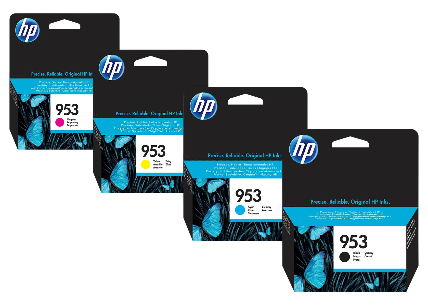 Quatre cartouches d'encre HP 953 : Magenta, Jaune, Cyan, Noir. Avec motif papillon.