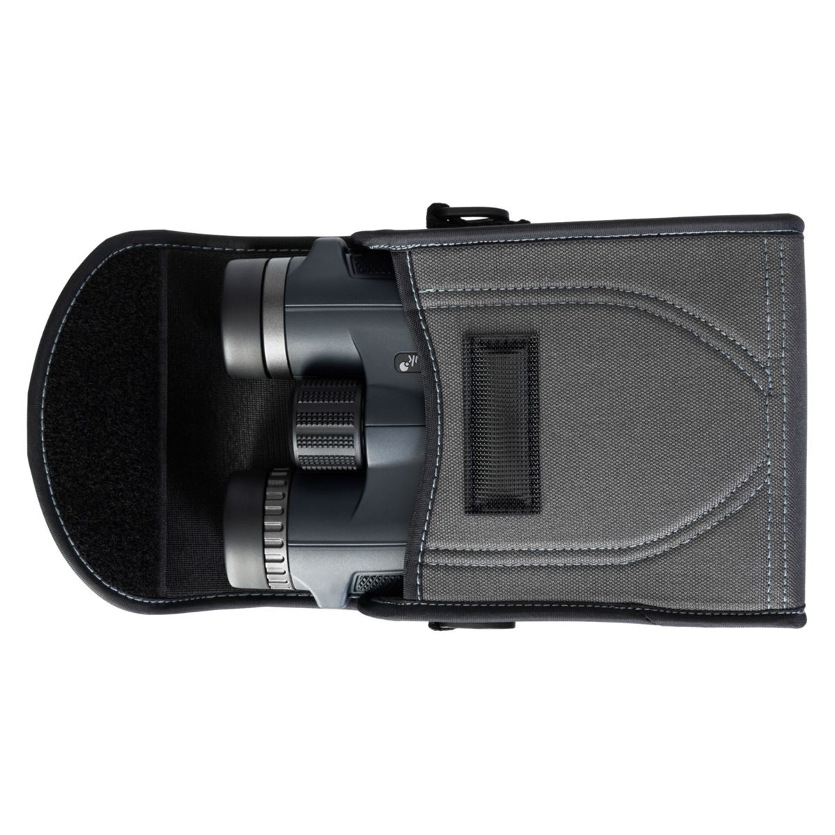Custodia grigia per binocolo con chiusura in velcro nera e un passante.