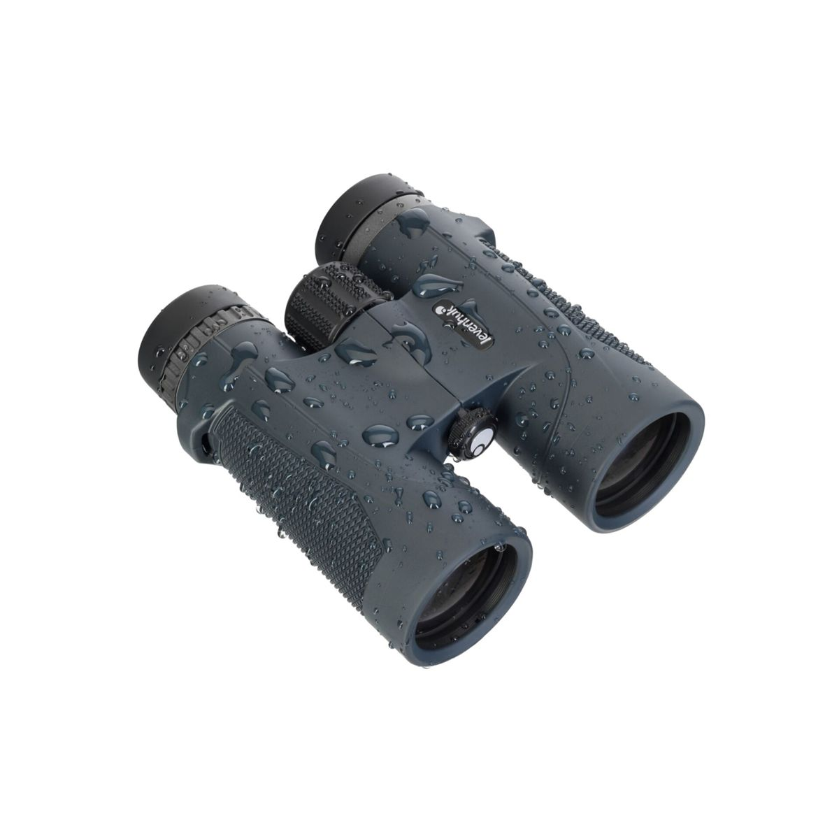 Binocolo grigio con gocce d'acqua, isolato su sfondo bianco.