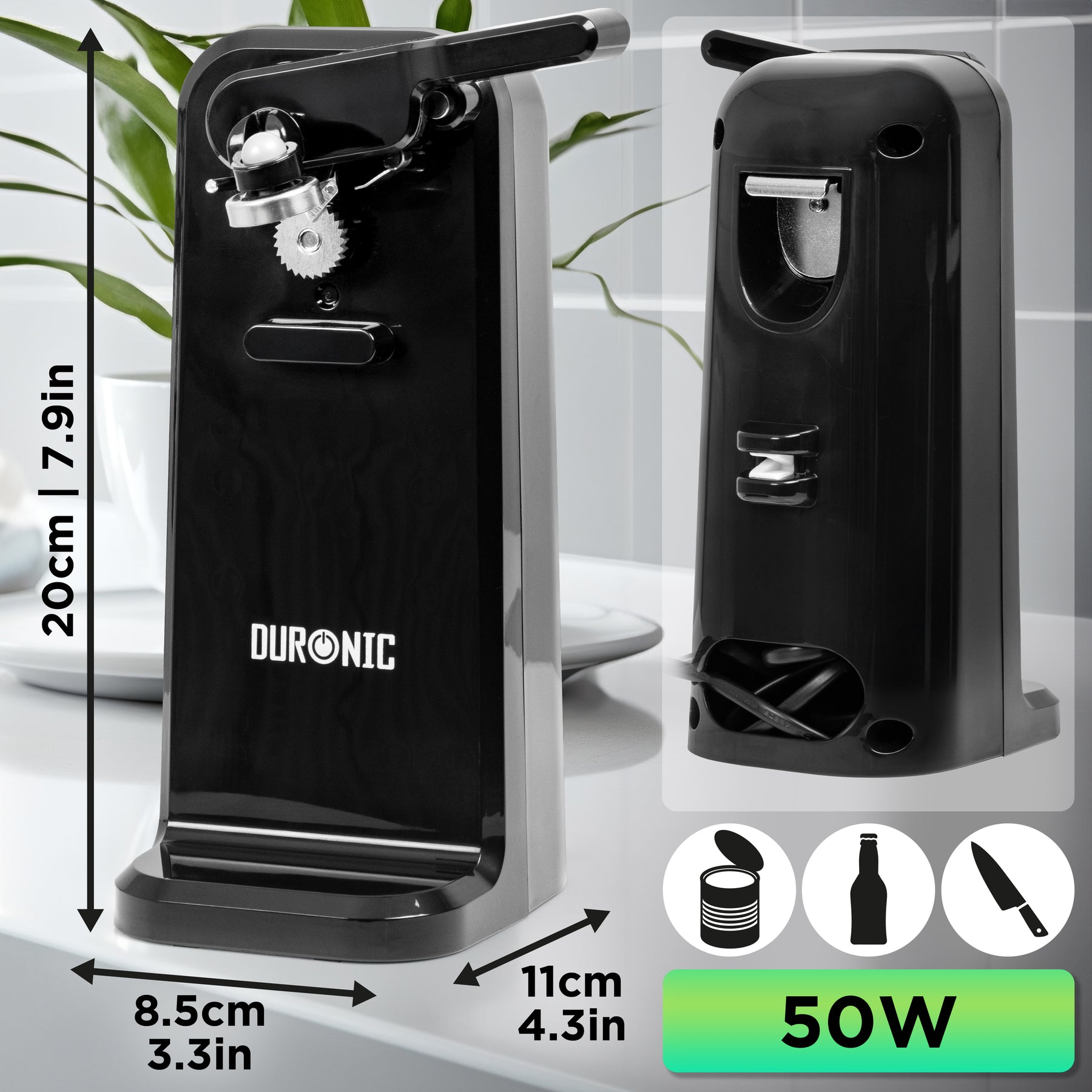 Elektrischer Dosenöffner in Schwarz mit Metallgriff und Kabelaufwicklung.