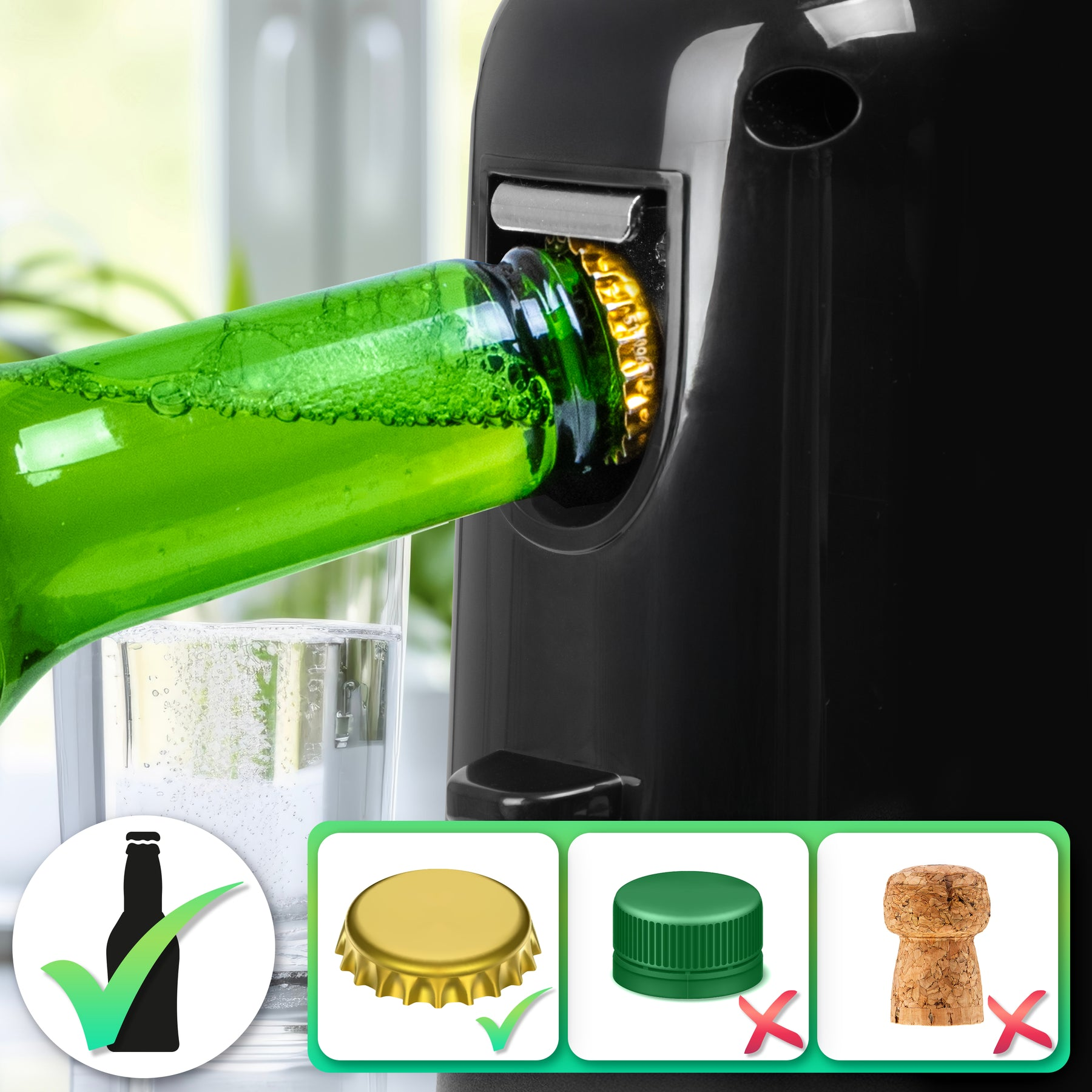 Ein schwarzer Flaschenöffner öffnet eine grüne Flasche über einem Glas.