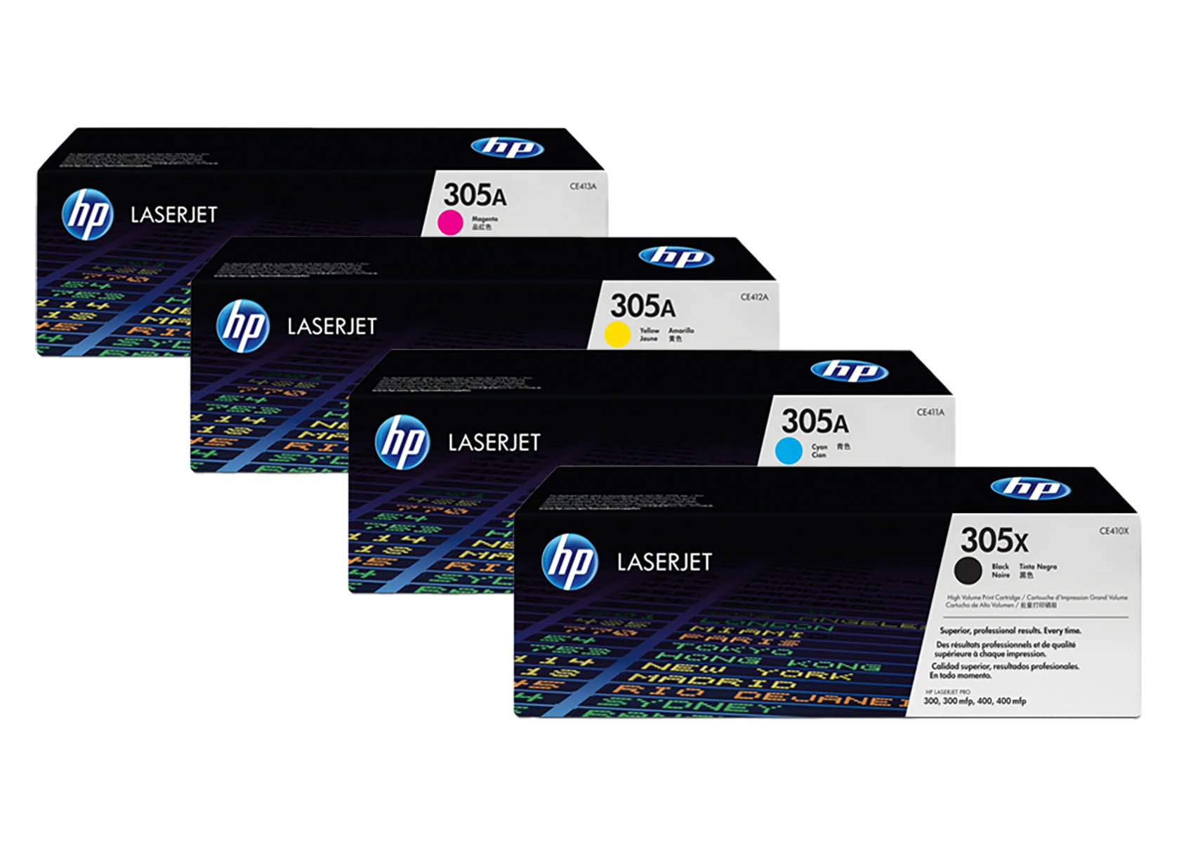 Vier HP LaserJet Tonerkartuschen mit Labels für Magenta, Gelb, Cyan und Schwarz.