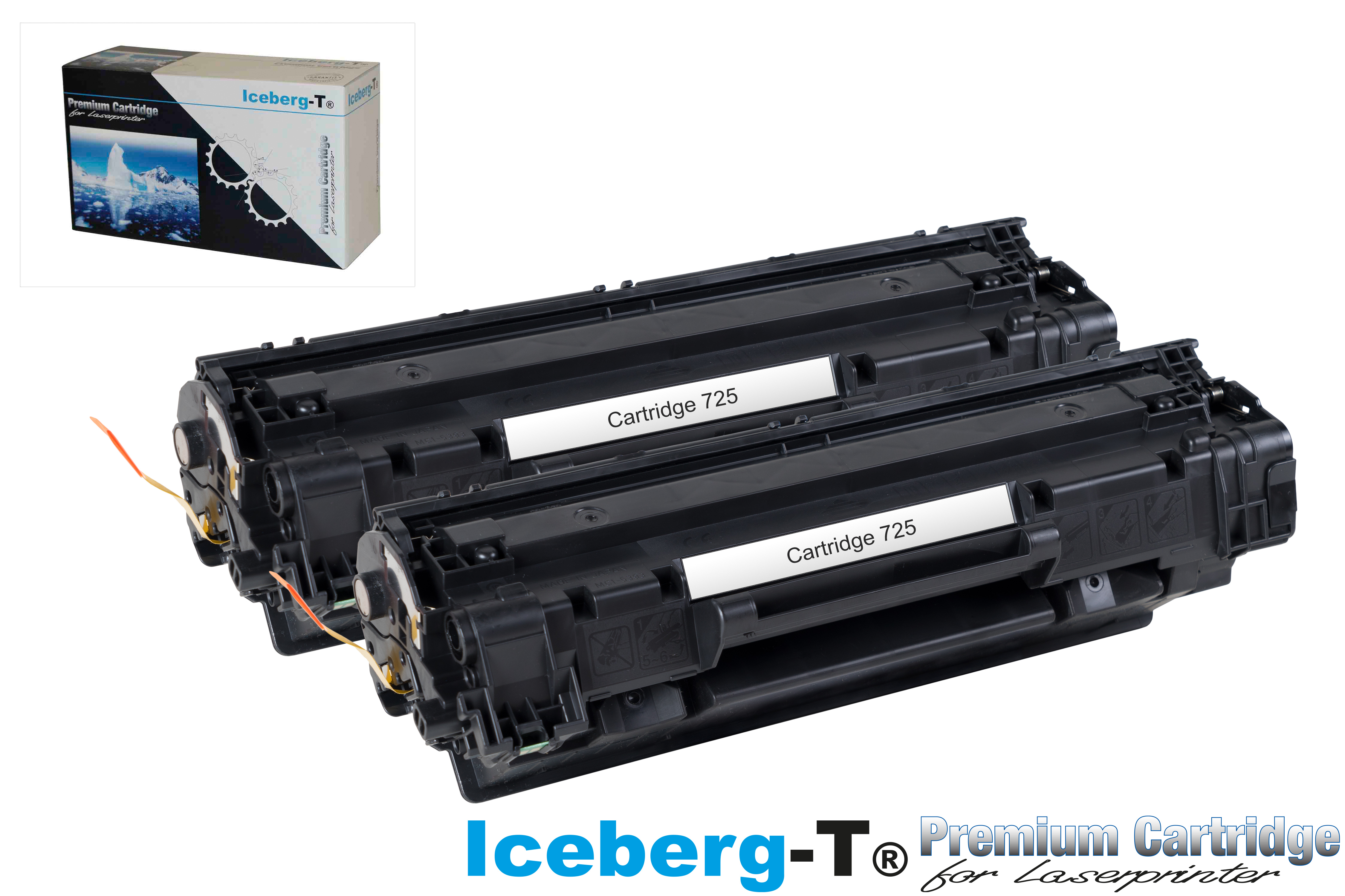 Zwei schwarze Laserdruckerpatronen mit der Bezeichnung „Cartridge 725“ liegen neben ihrer Box.