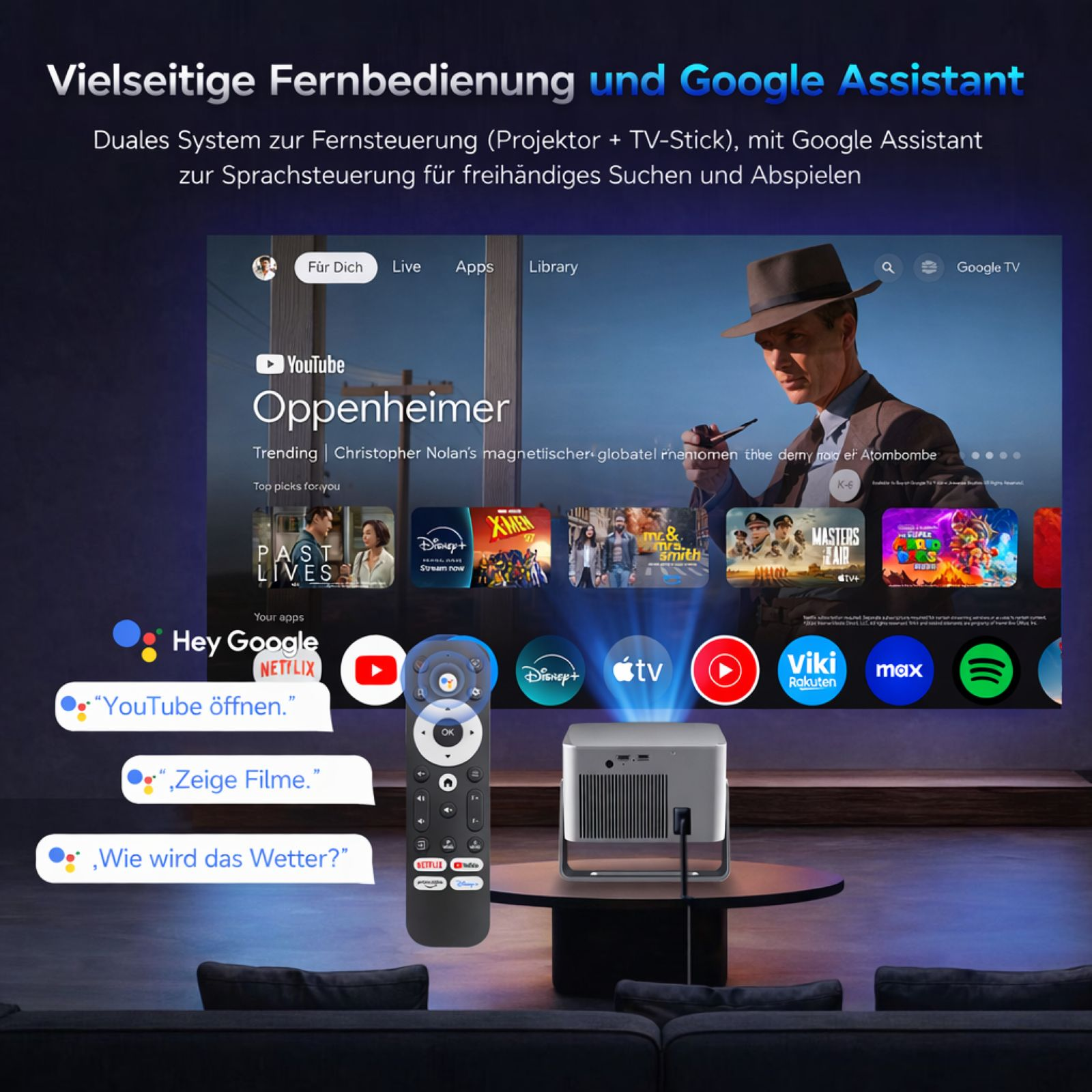 Ein Projektor wirft ein Menü mit Filmen und Apps an die Wand. Eine Fernbedienung liegt davor.