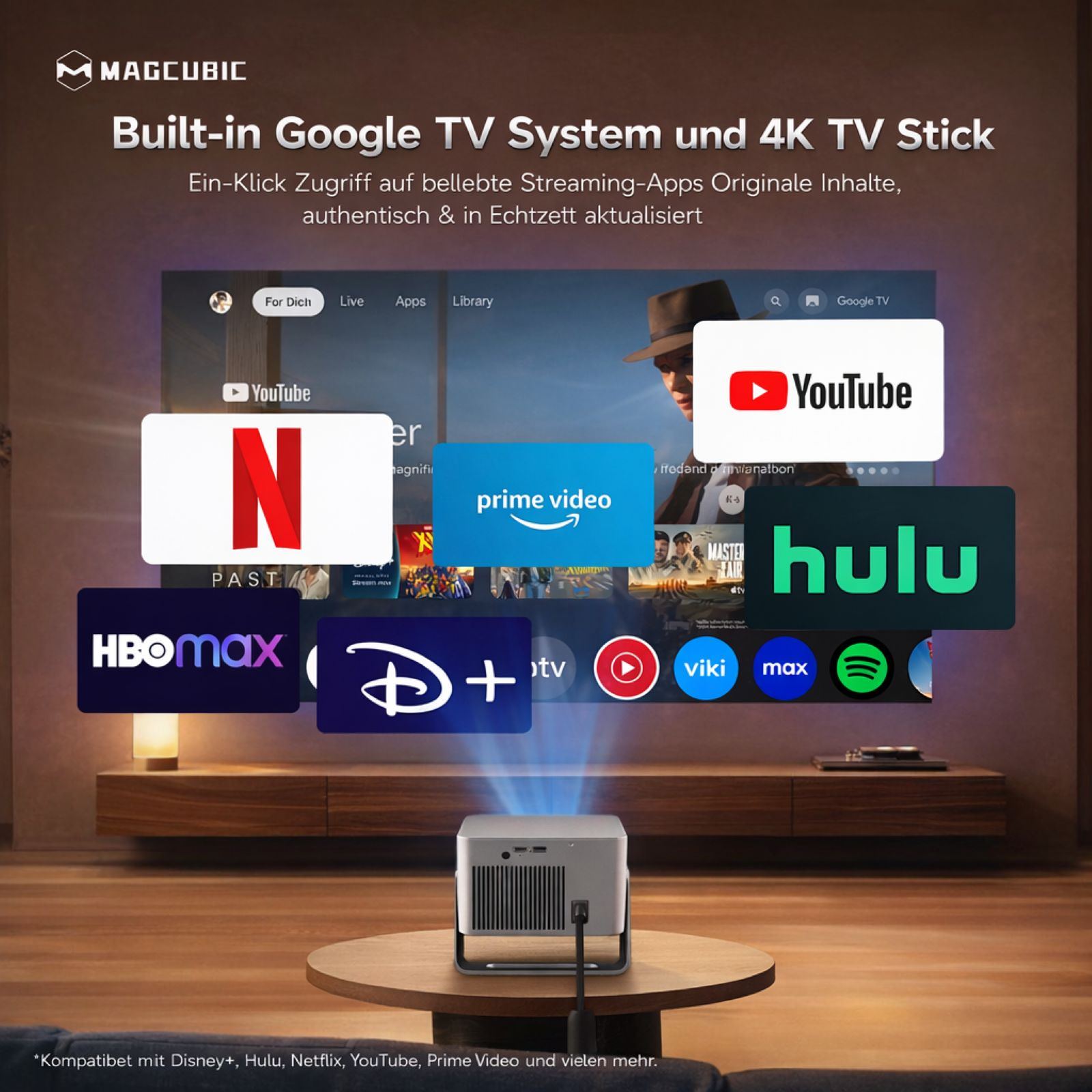 Ein Projektor zeigt eine Smart-TV-Oberfläche mit Streaming-App-Logos.
