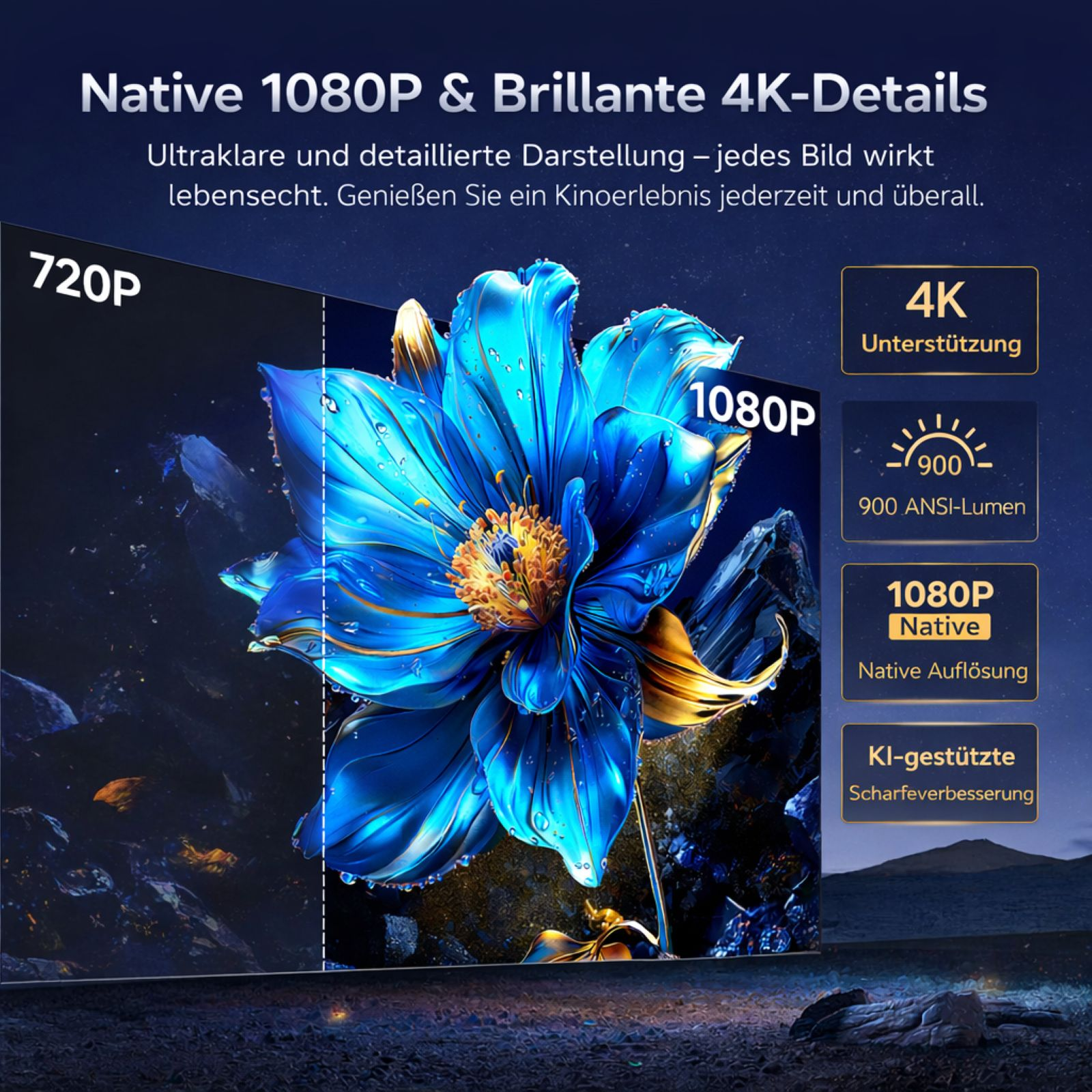 Ein blauer und goldener Blumenkopf wird detailliert gezeigt.