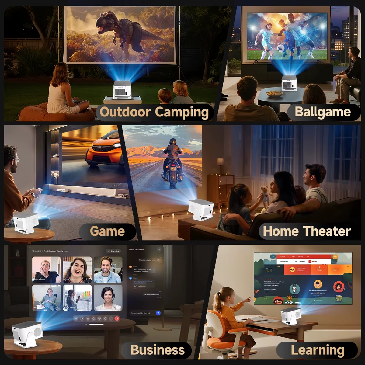Sechs Szenarien: Outdoor-Camping, Ballspiel, Rennen, Heimkino, Geschäft, Lernen.
