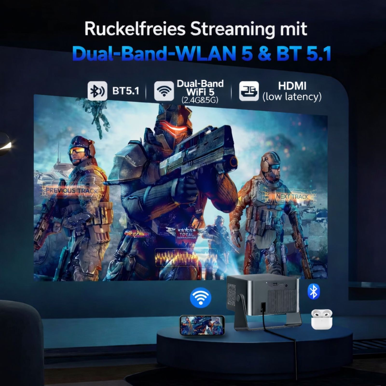 Ein Projektor zeigt ein Spiel mit Soldaten. BT 5.1, WiFi 5, HDMI.