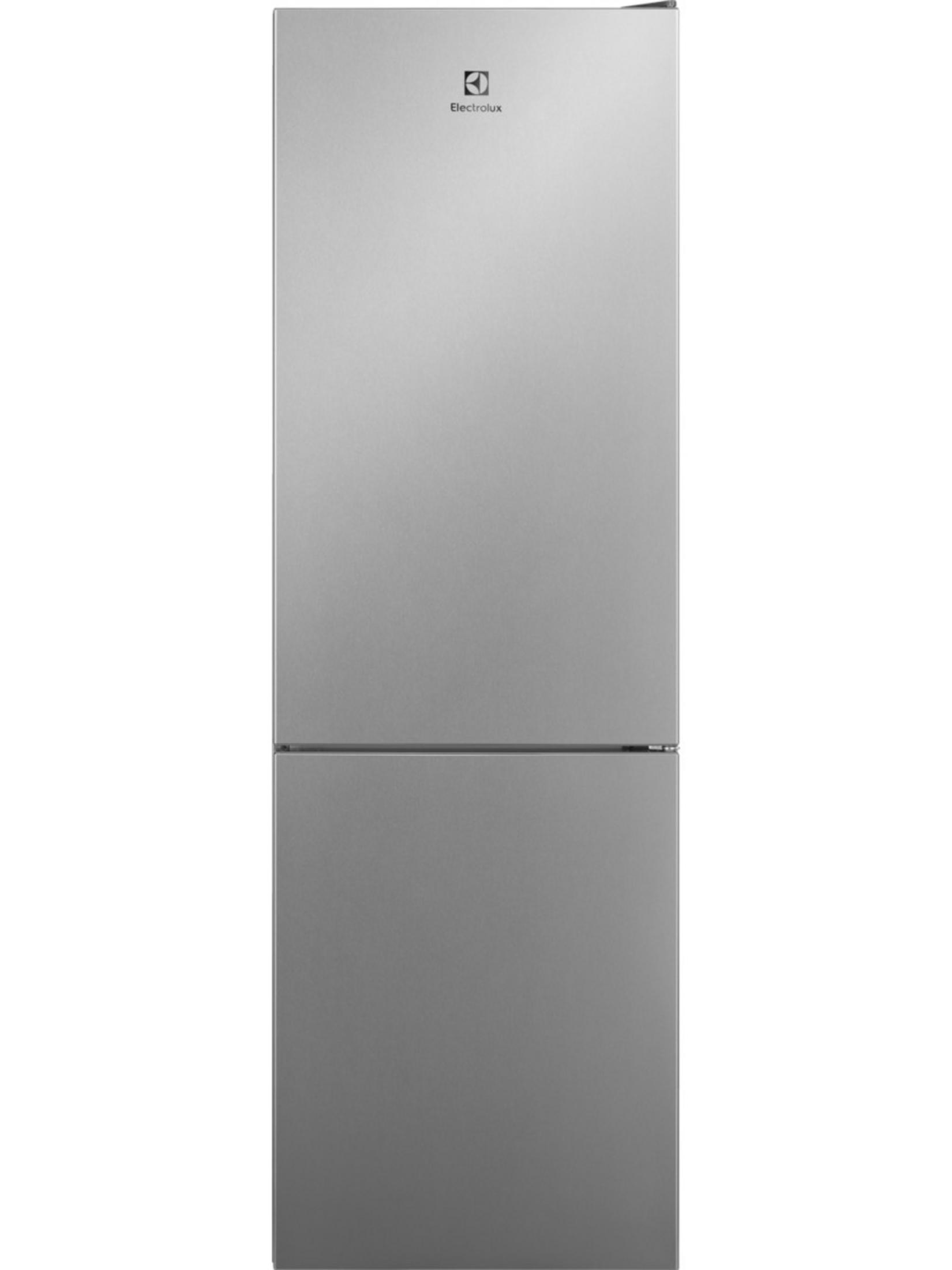 Un frigorifero Electrolux color argento con due porte, quella superiore più grande di quella inferiore, su sfondo bianco.