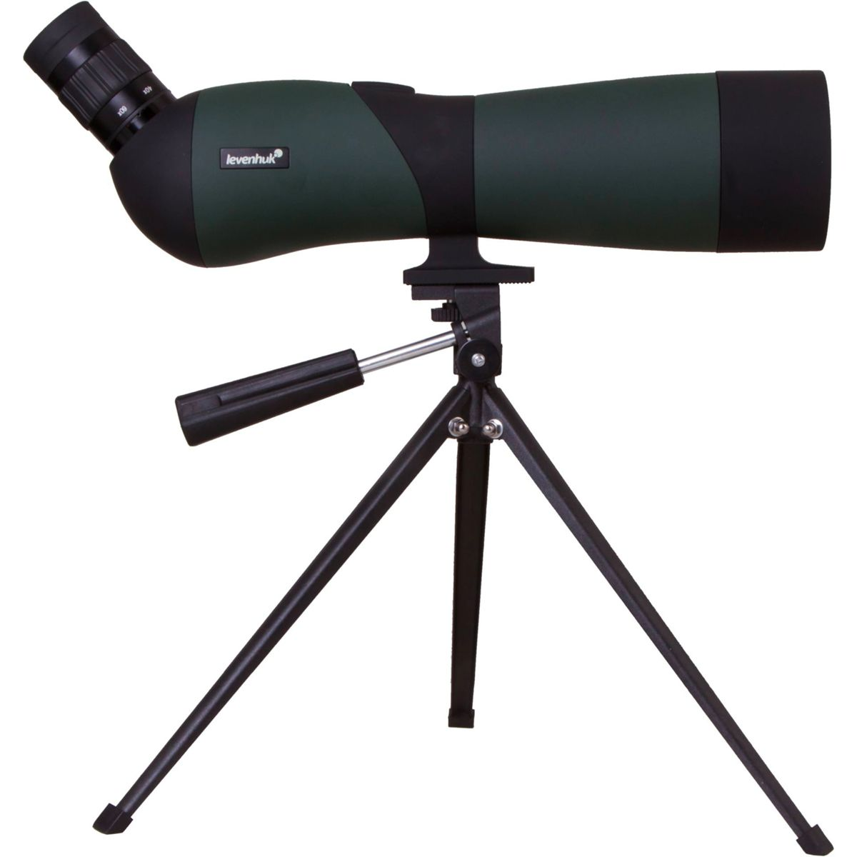 Telescopio terrestre verde scuro con oculare e treppiede. Logo Levenhuk.