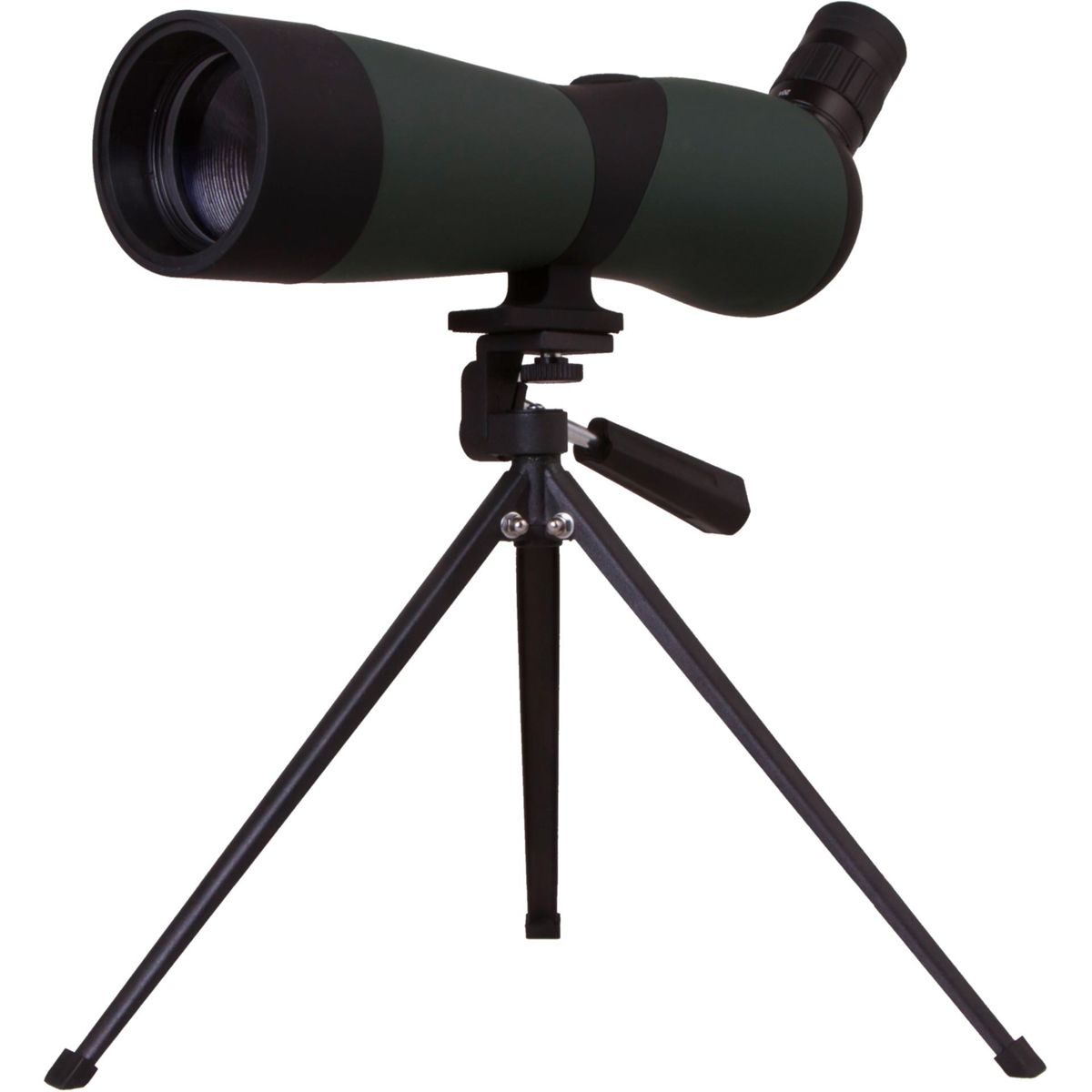 Un cannocchiale terrestre verde con treppiede nero su sfondo bianco.