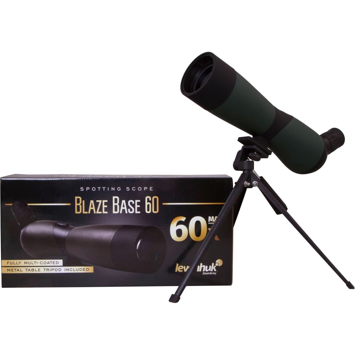 Telescopio terrestre verde su treppiede accanto alla scatola BLAZE BASE 60.