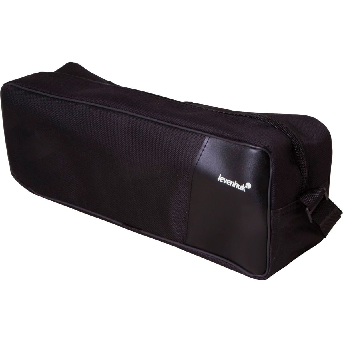 Borsa nera con cerniera e logo Levenhuk.