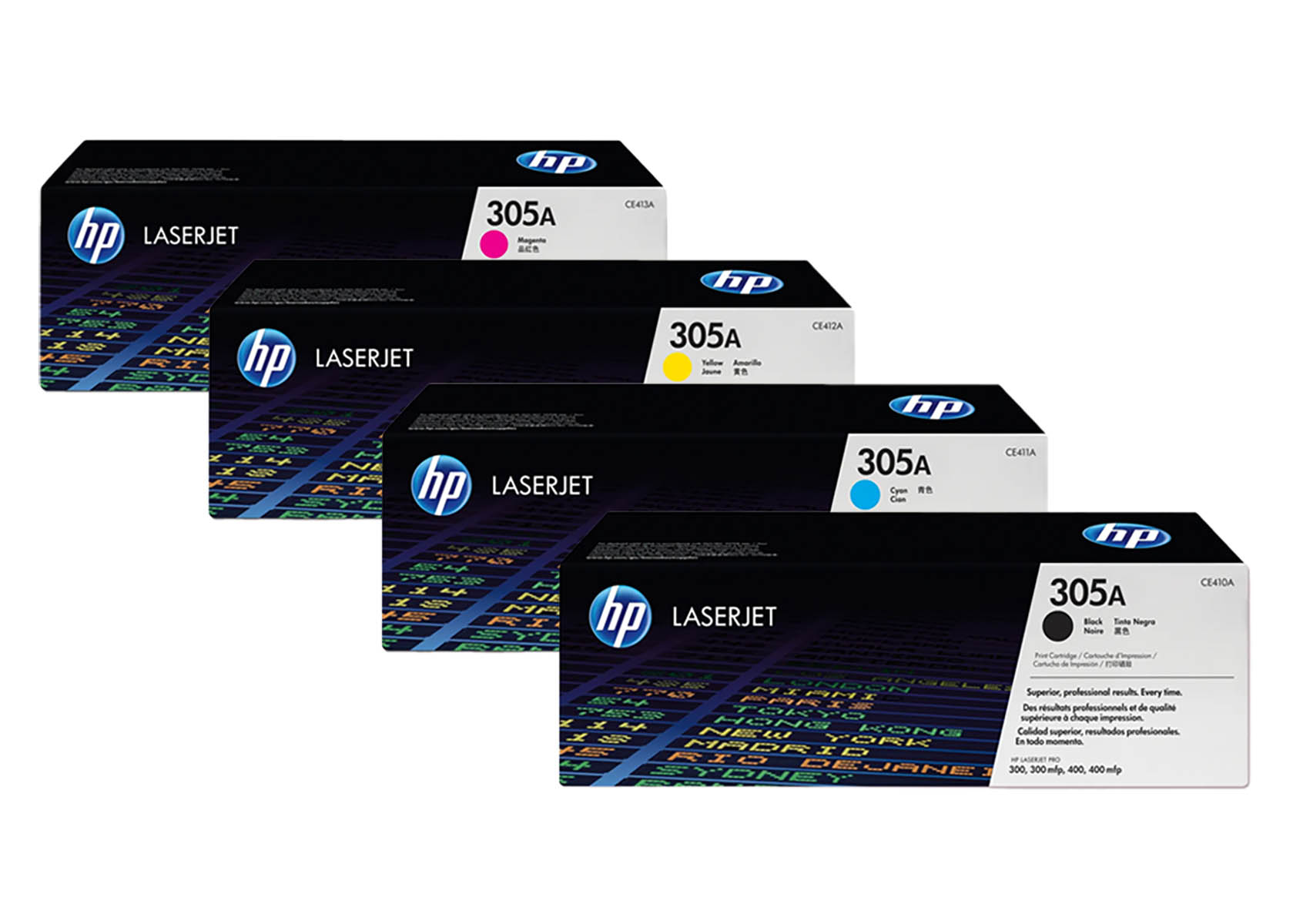 Vier HP LaserJet 305A Patronen in Magenta, Gelb, Cyan und Schwarz.