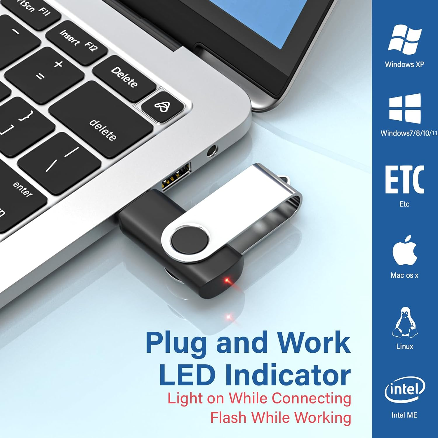 Pendrive podłączony do laptopa, obok loga systemów operacyjnych.