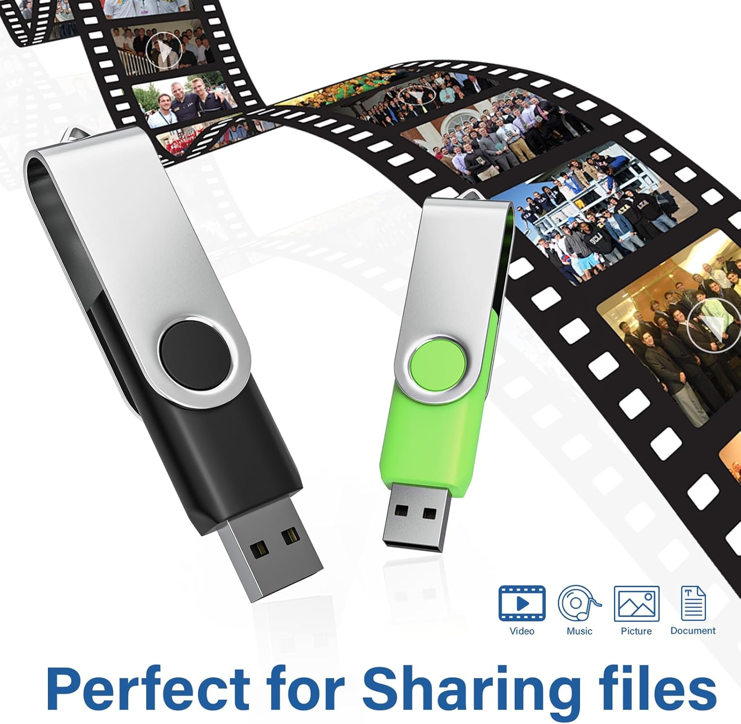 Dwa pendrive'y przed taśmą filmową ze zdjęciami.