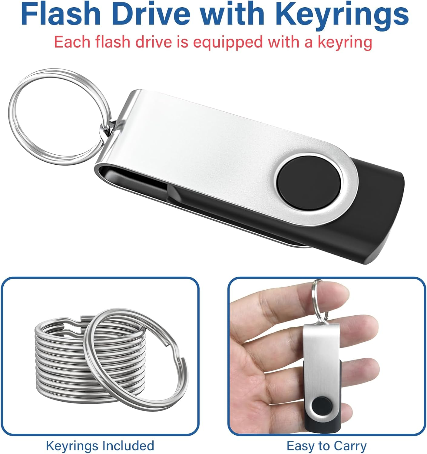 Srebrny pendrive z czarnym elementem, przymocowany do breloczka.