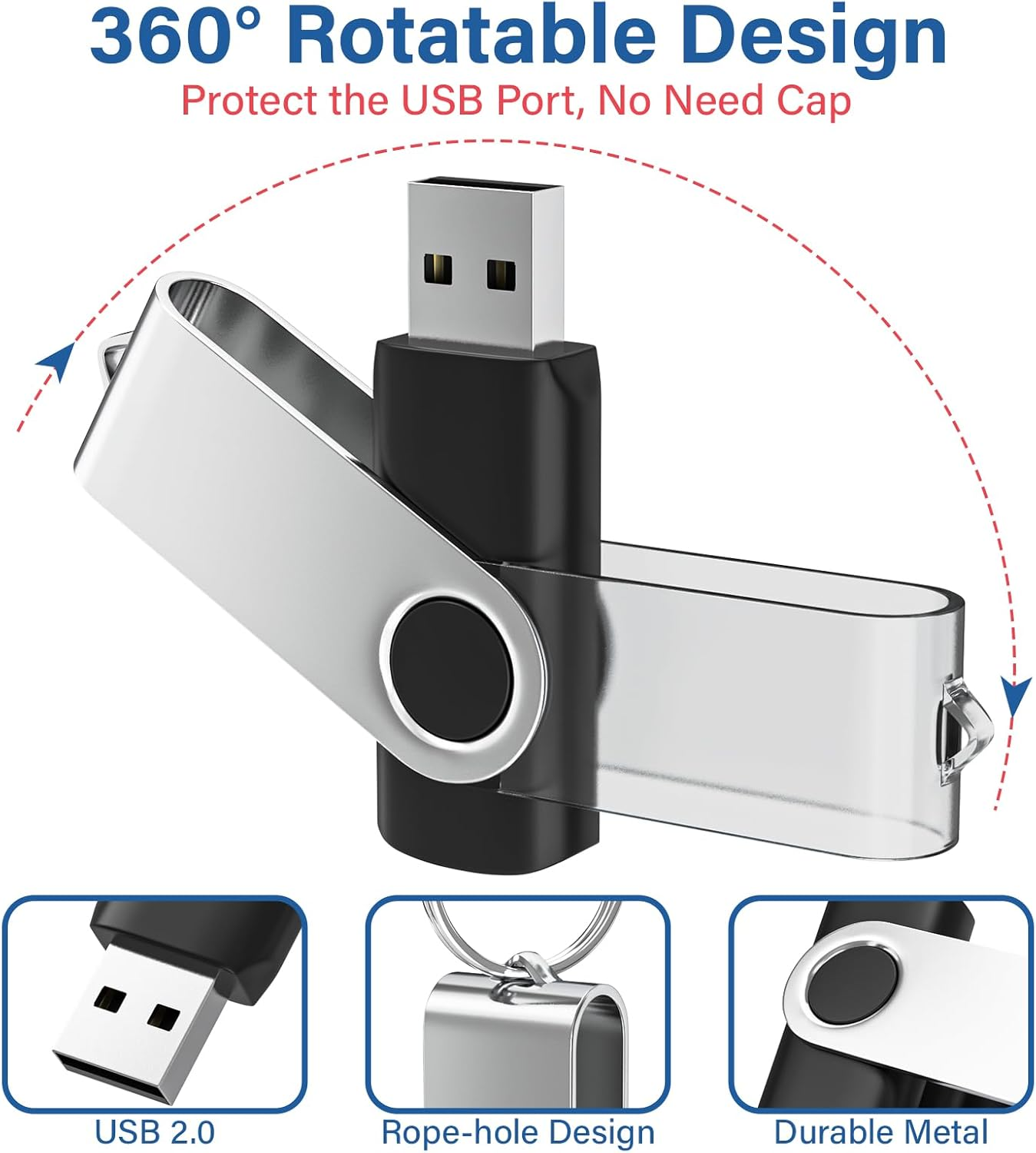 Czarny pendrive ze srebrną metalową obudową, obracany o 360°.