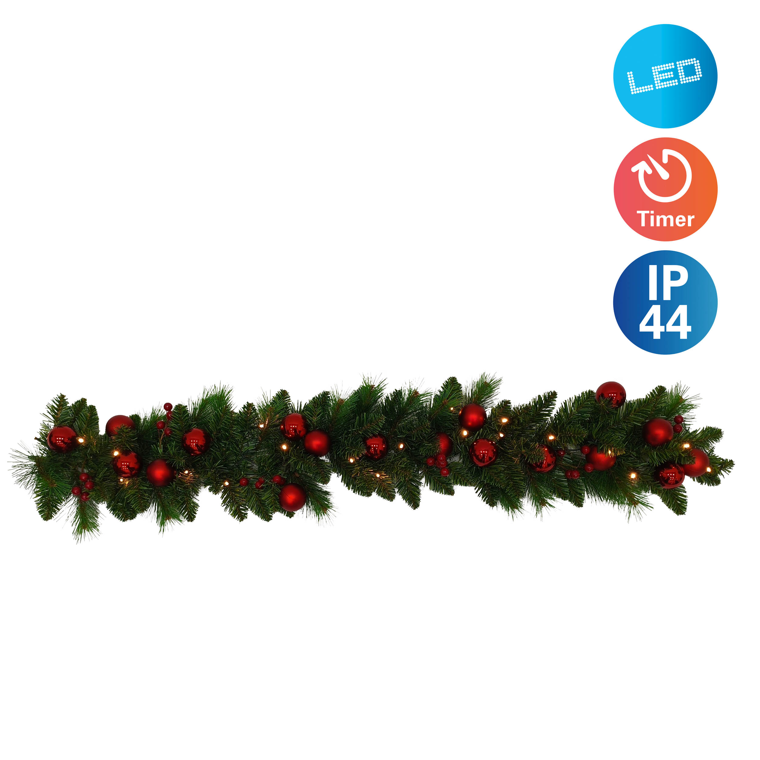 Grüne Tannengirlande mit roten Kugeln, Beeren und Lichtern. LED- und IP44-Symbole.
