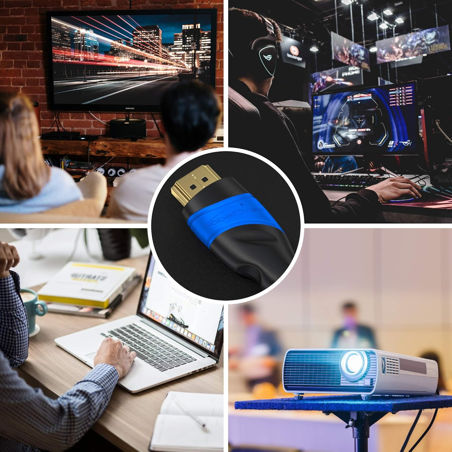 Kolaż: Telewizor, gracz, kabel HDMI, laptop, projektor.