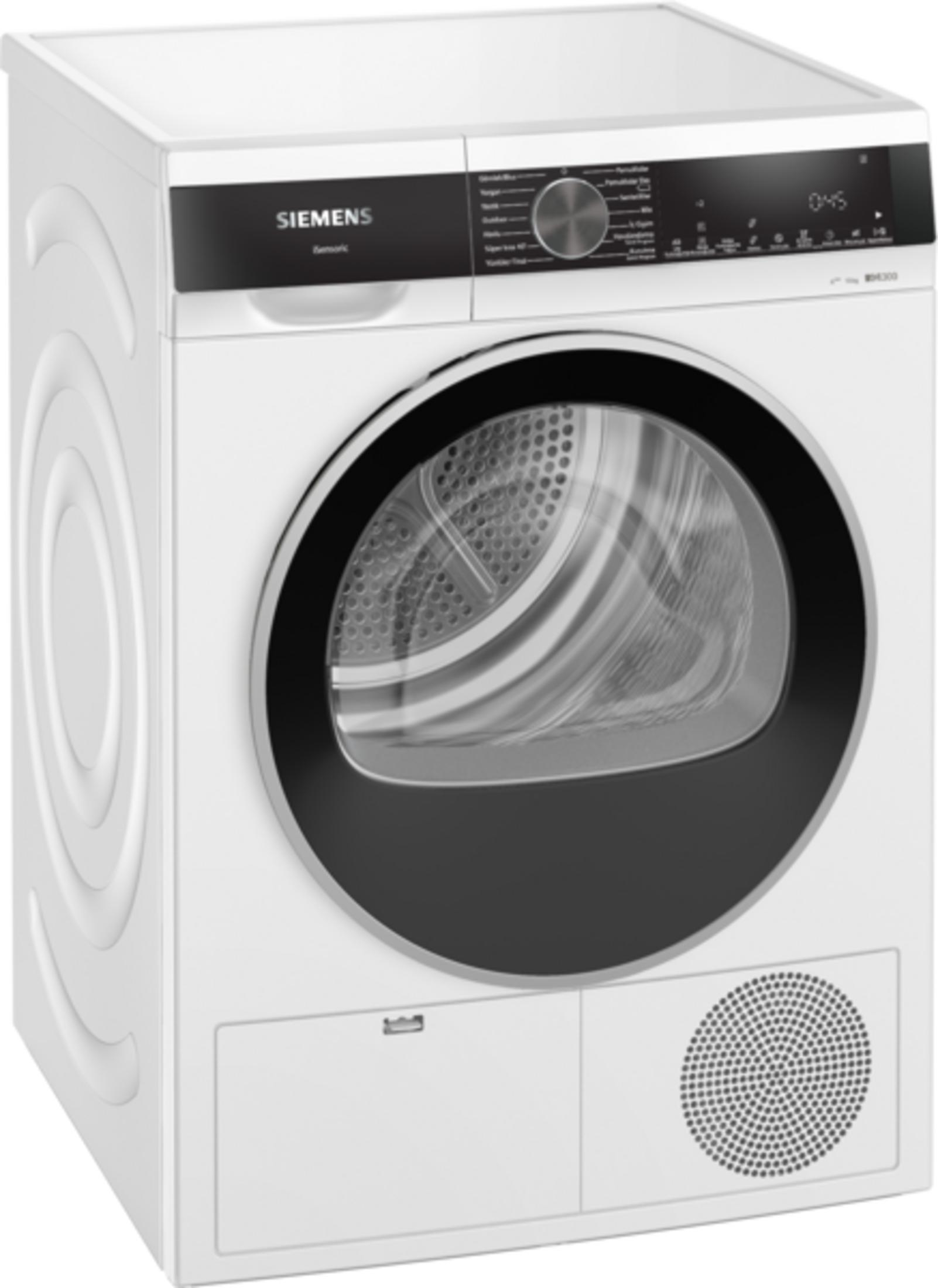 Siyah yuvarlak pencere ve kontrol panelli beyaz Siemens çamaşır makinesi.