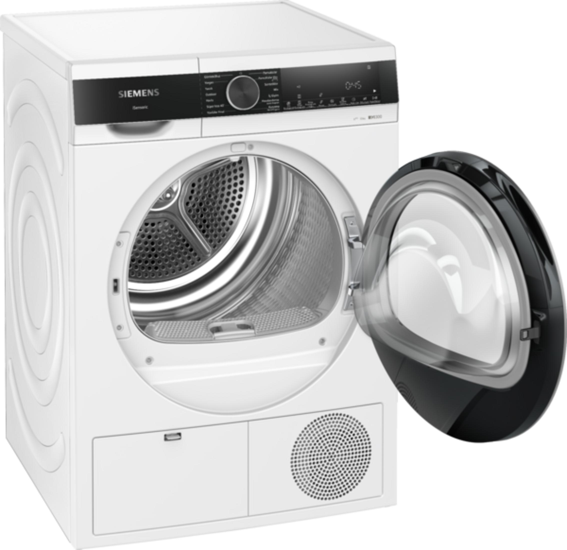 Gümüş tamburu görünen, kapağı açık beyaz Siemens kurutucu.