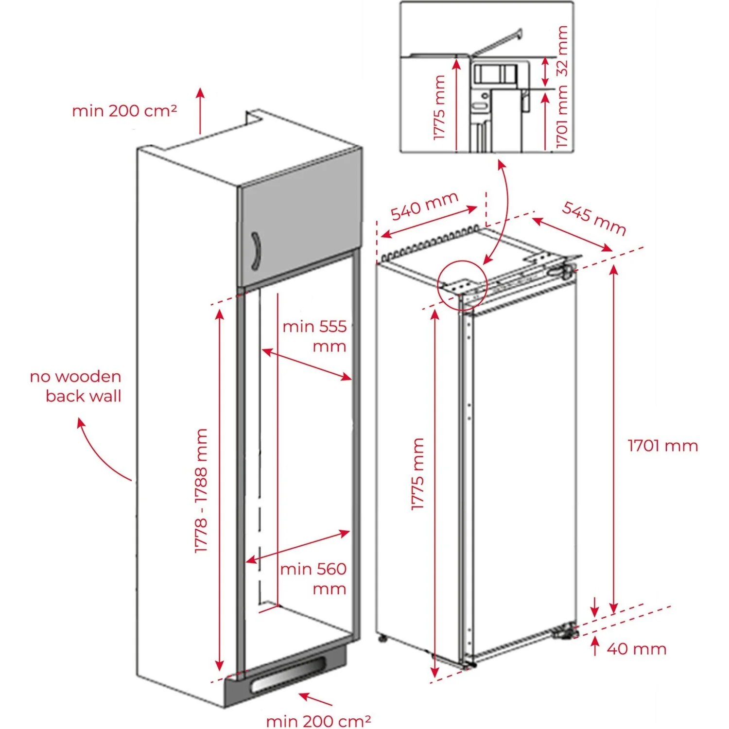 Dibujo técnico de un frigorífico con dimensiones y directrices de instalación.