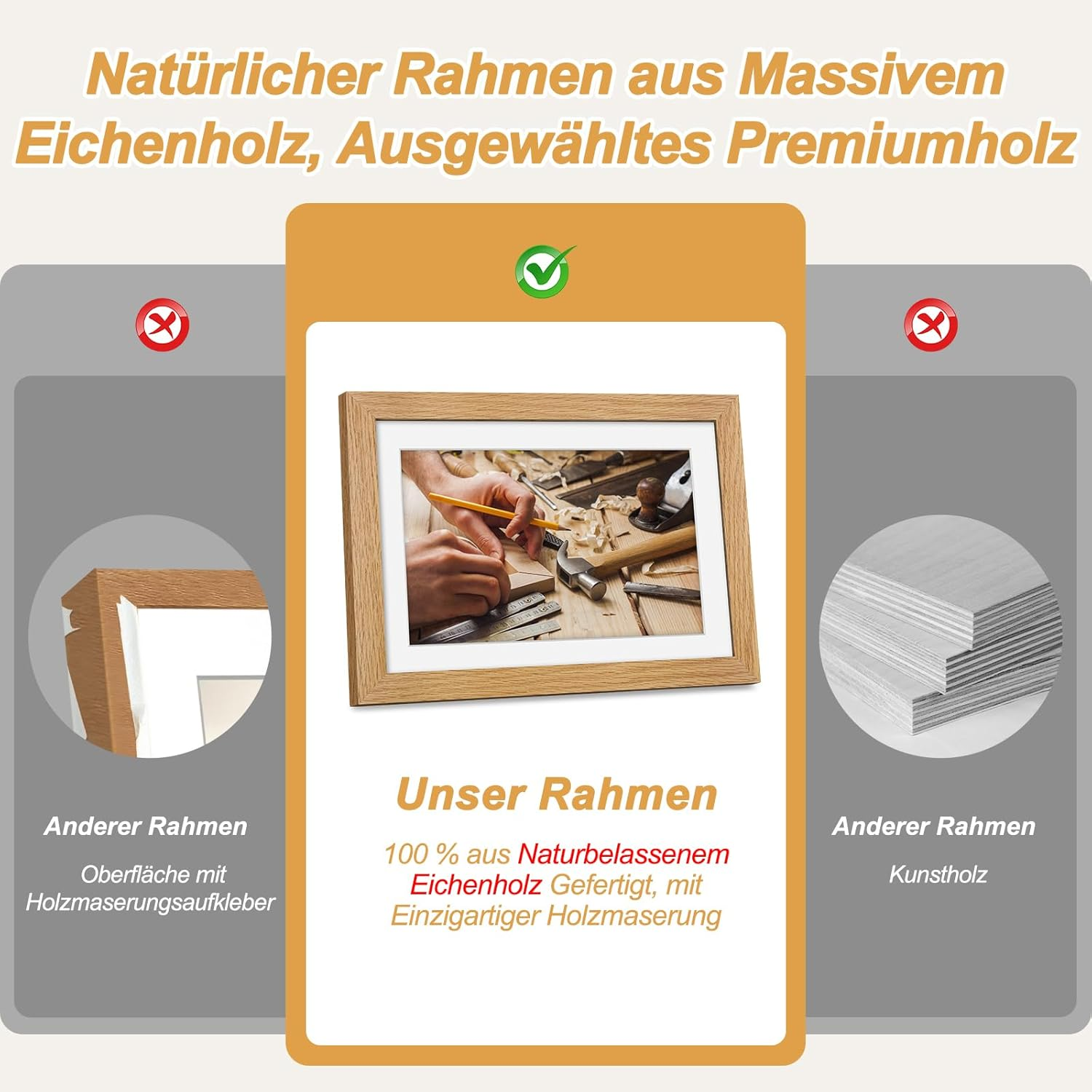 Naturalna rama dębowa z narzędziami w tle.