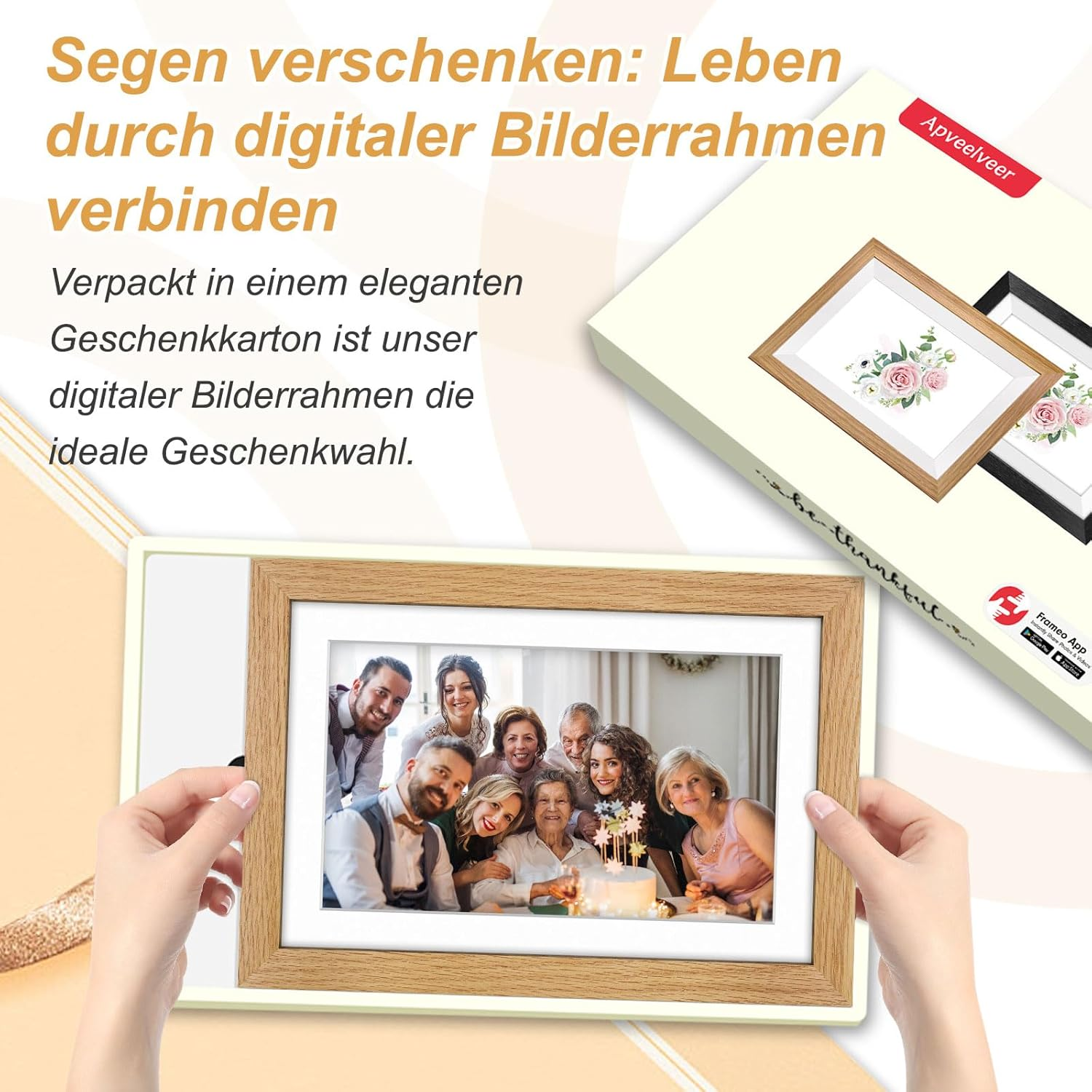 Cyfrowa ramka na zdjęcia z rodziną na ekranie, zapakowana w pudełko prezentowe.