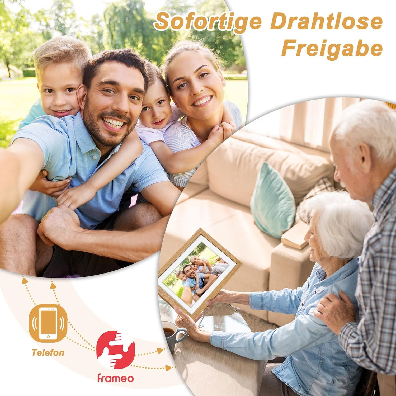 Rodzina robi selfie na zewnątrz; starsza para ogląda zdjęcie.