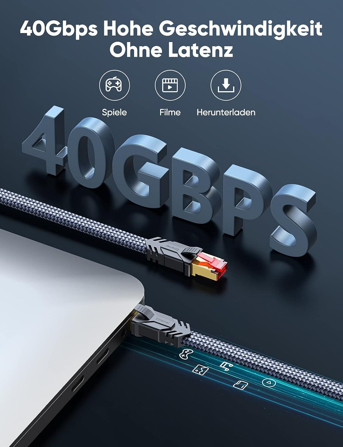 Kabel Ethernet 40 Gbps łączy laptop, z ikonami gier, filmów, pobierania.