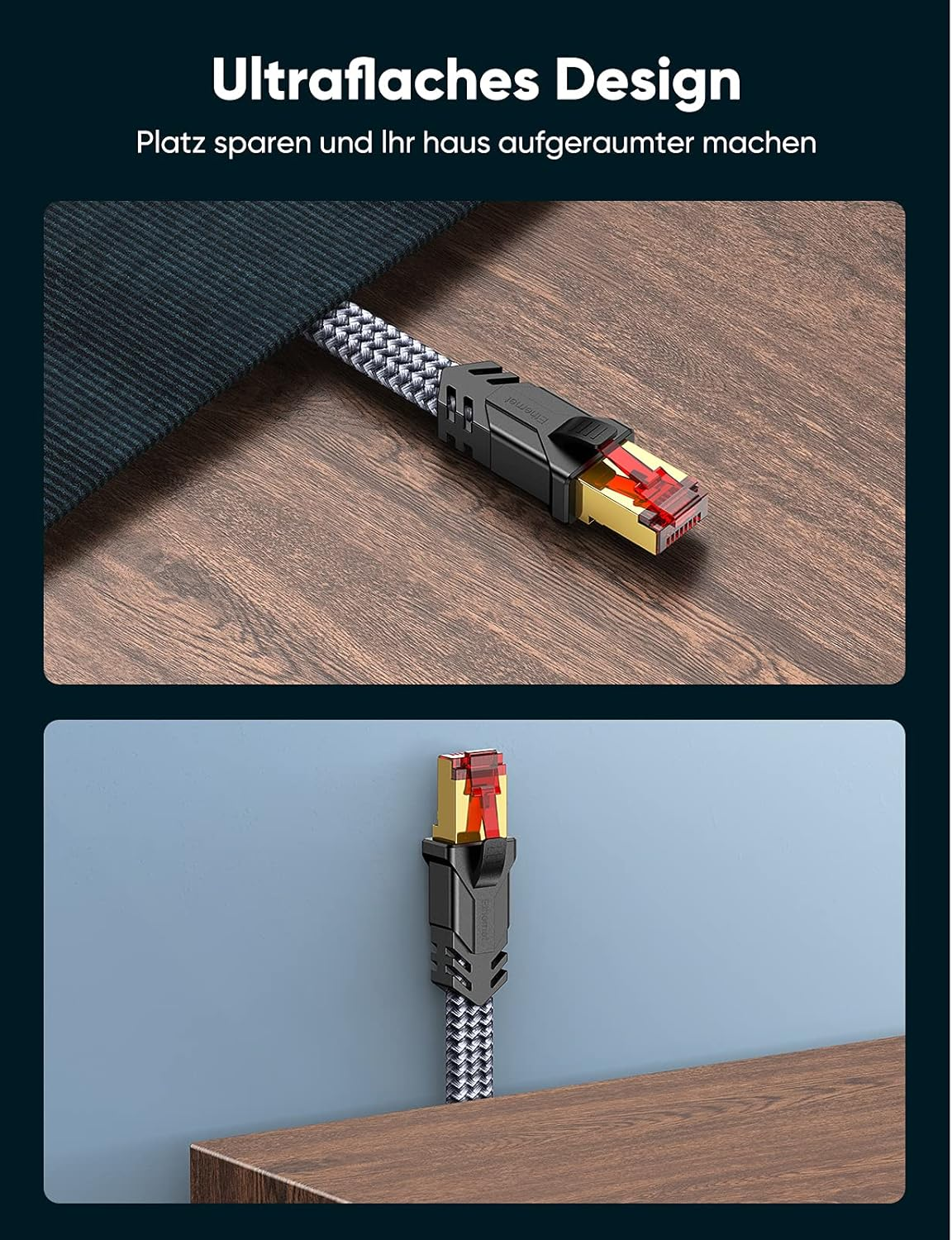 Płaski wtyk Ethernet z czarno-białym kablem na drewnie i ścianie.