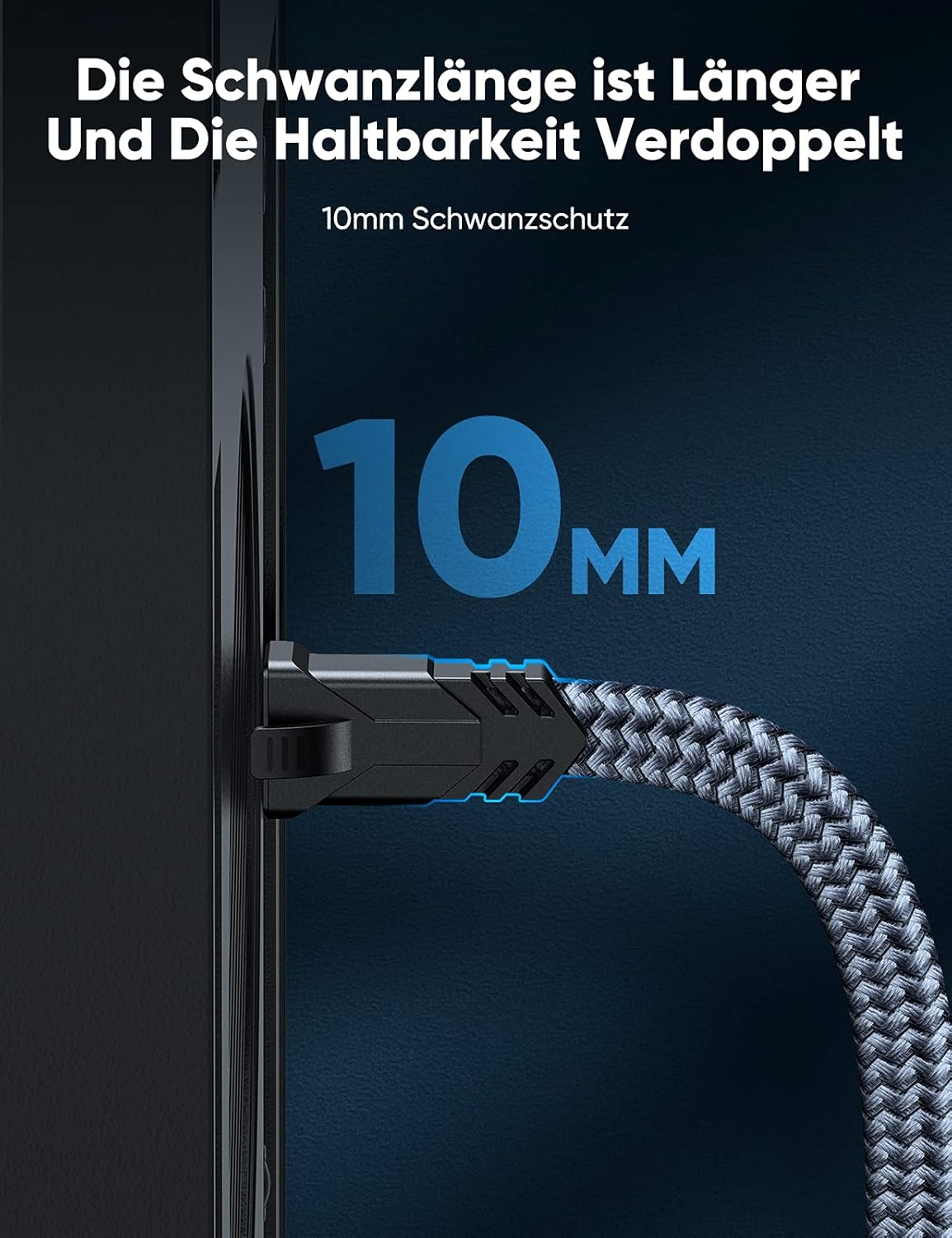 Czarny złączka z 10mm osłoną przeciwzłamaniową na plecionym kablu.