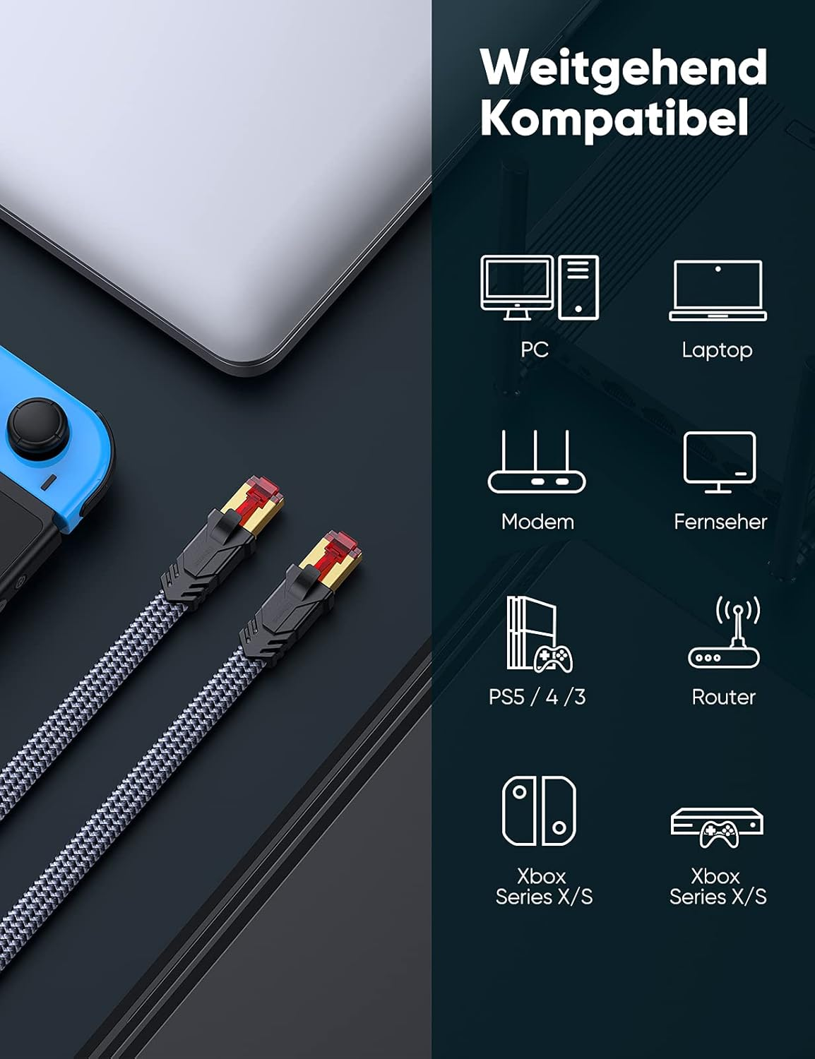 Kabel ze złączami RJ45 obok laptopa i kontrolera. Kompatybilny z PC, konsolą, modemem.