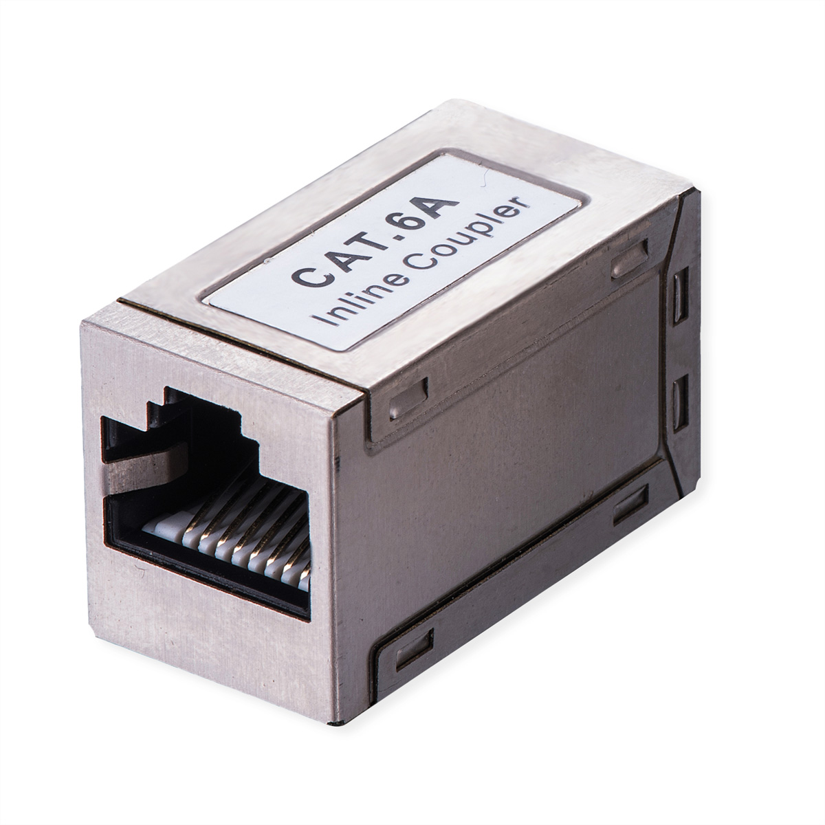 Accoppiatore in linea CAT.6A argentato per unire due cavi Ethernet.