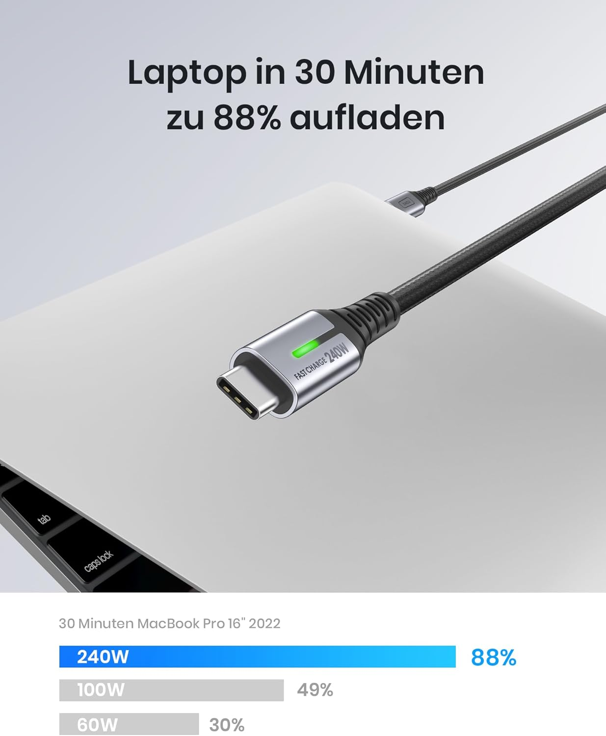 Kabel USB-C ze srebrną wtyczką podłączoną do laptopa.