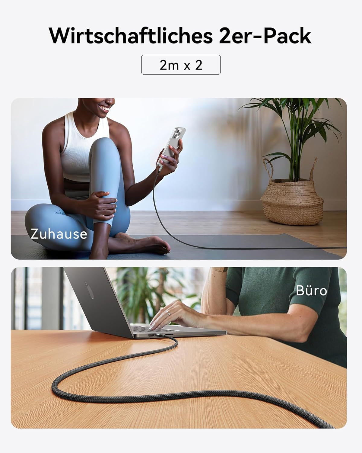 Kobieta w domu ładuje telefon, kobieta w biurze używa laptopa. Oba kable czarne.