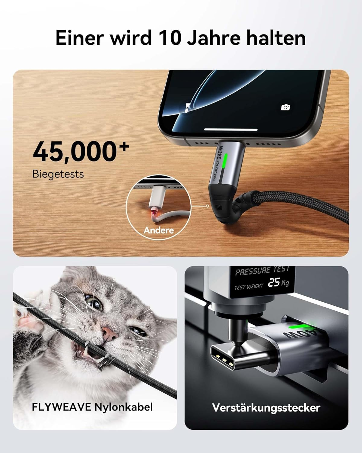 Kabel do ładowania pokazany z testami zginania, ugryzieniem kota i testem ciśnieniowym.