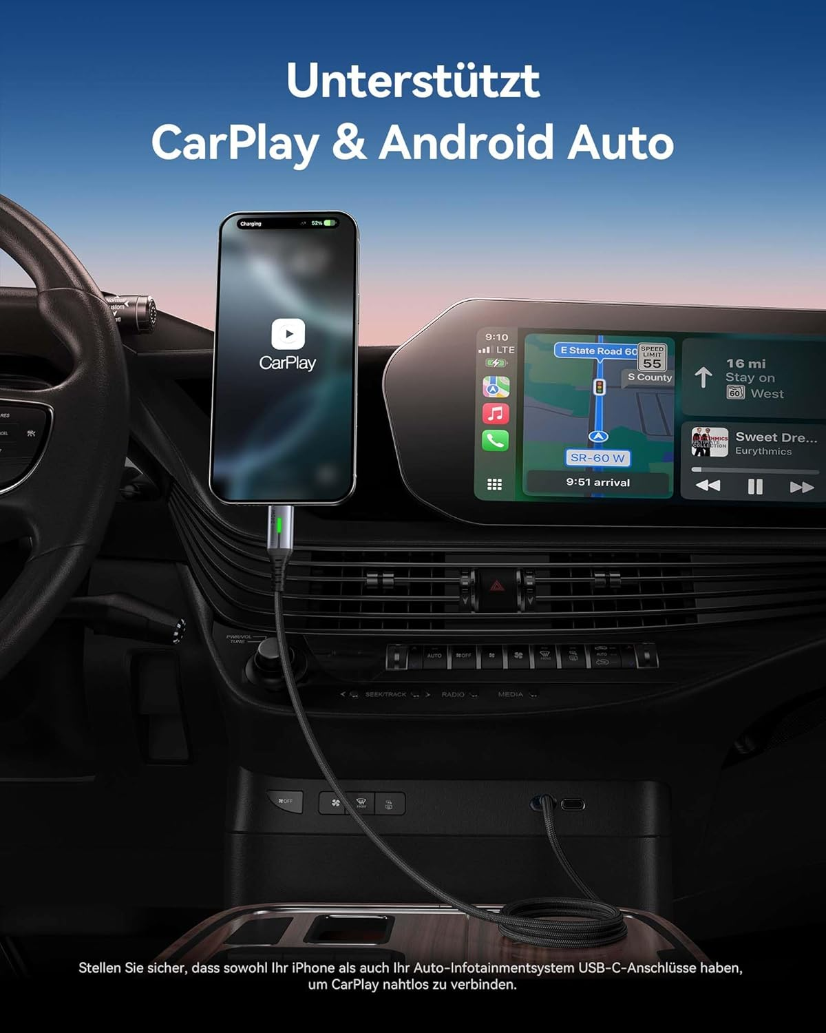 iPhone jest podłączony przez kabel USB-C do wyświetlacza deski rozdzielczej samochodu.